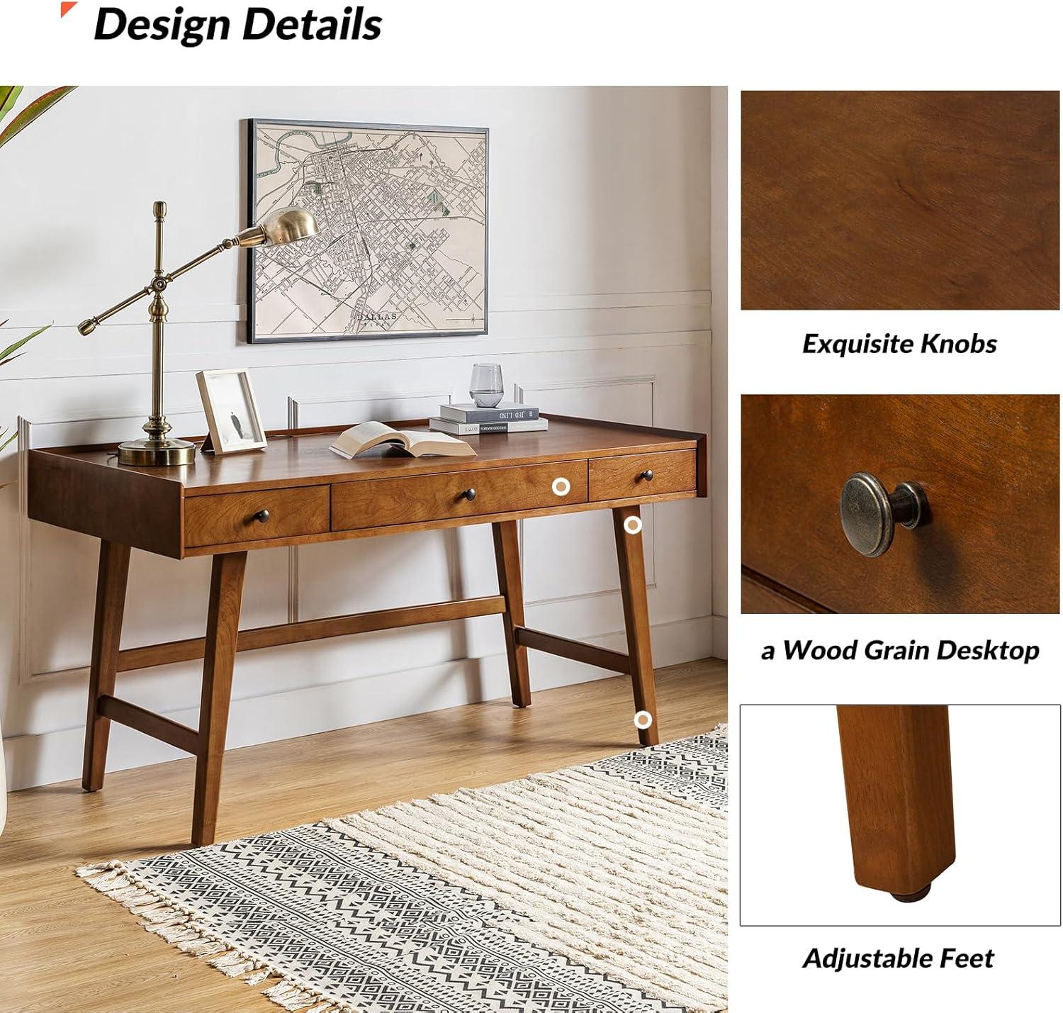 Walnut Mid-Century Modern Desk with Acorn Rubber Wood Legs and Power Outlet