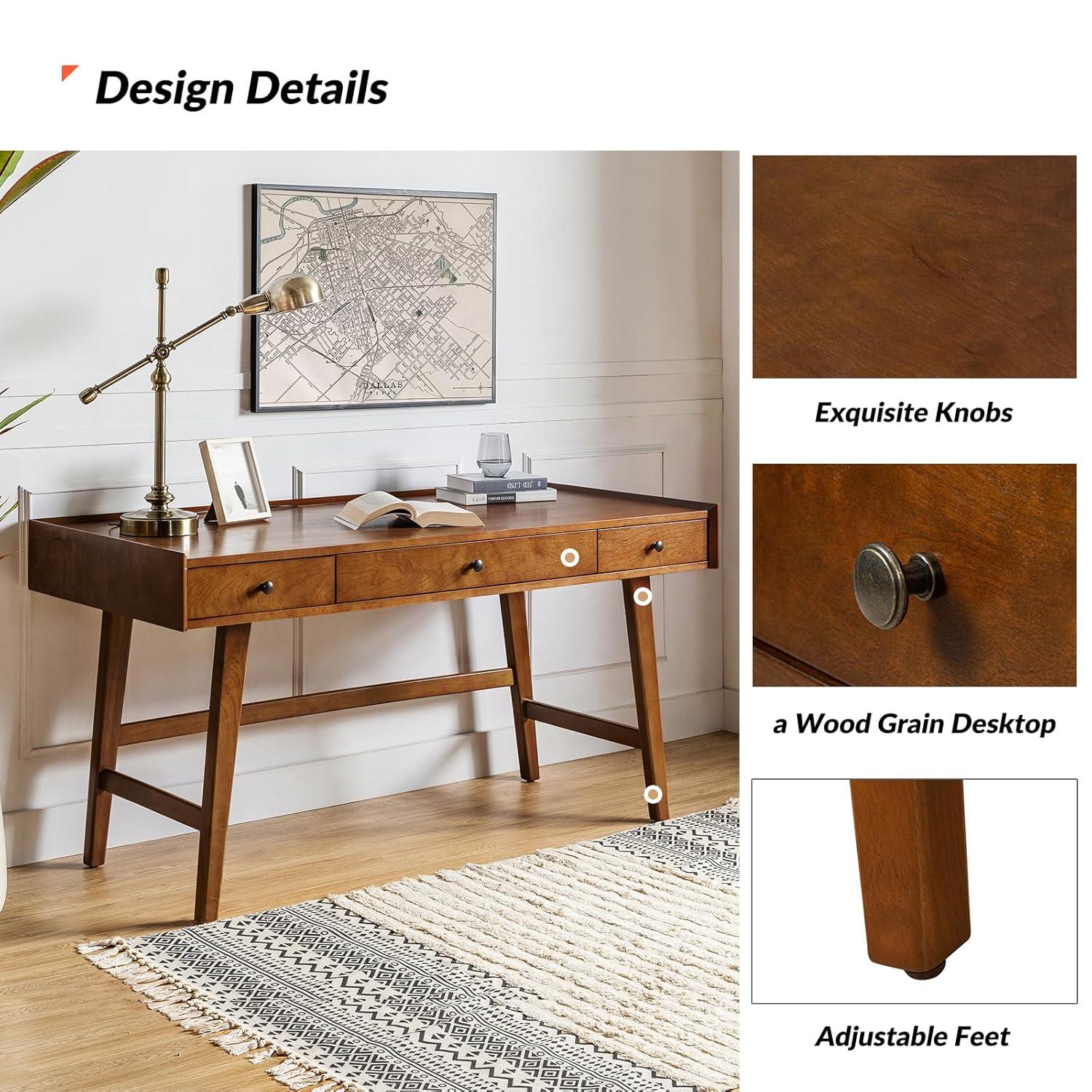 Walnut Mid-Century Modern Desk with Acorn Rubber Wood Legs and Power Outlet