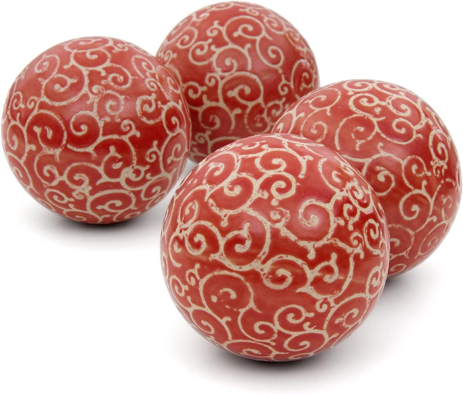 Oriental Furniture 4" Red and Beige Vines Porcelain Ball Set, Decorative item, Center piece, living room item