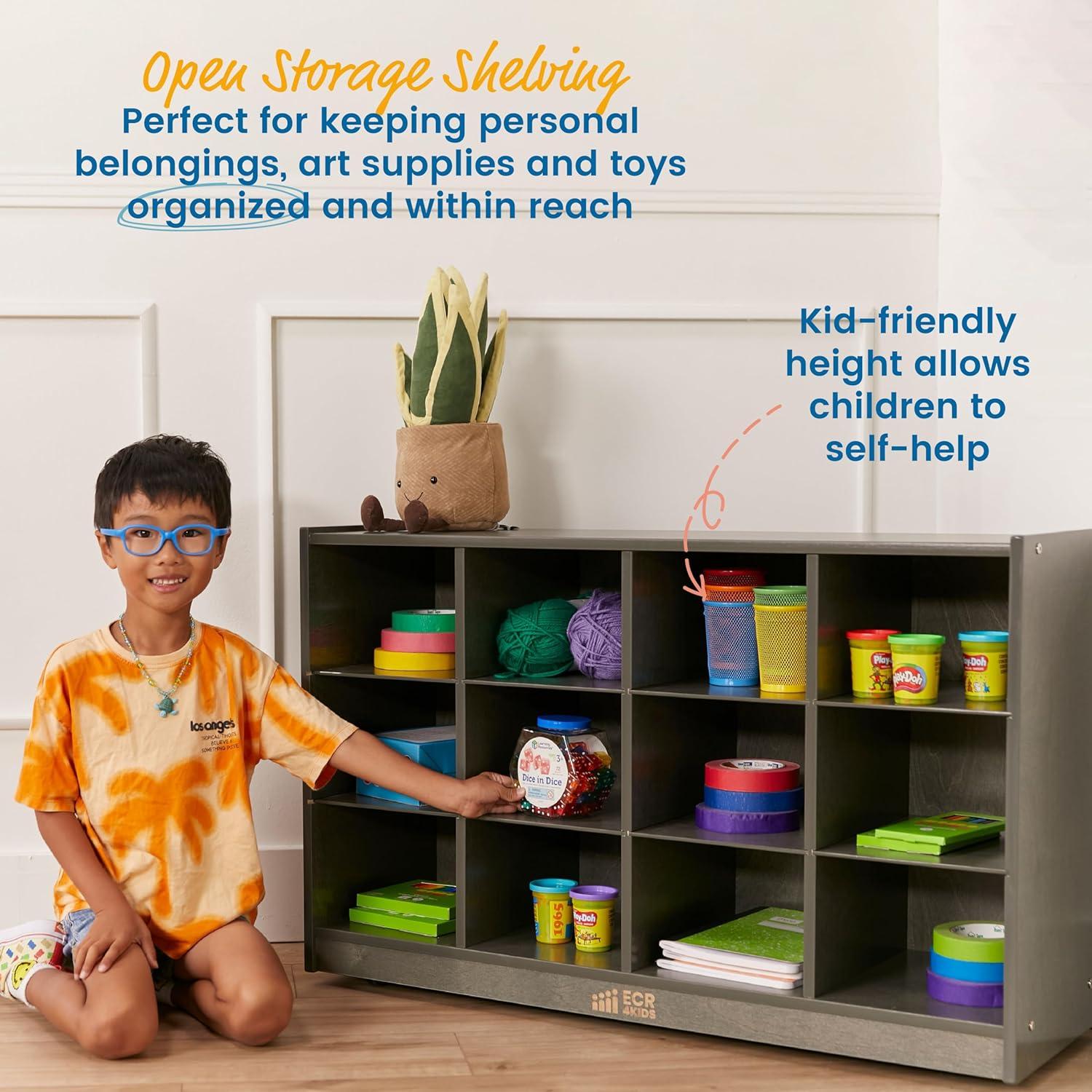 Grey Wash 12-Cubby Mobile Tray Storage Cabinet for Kids