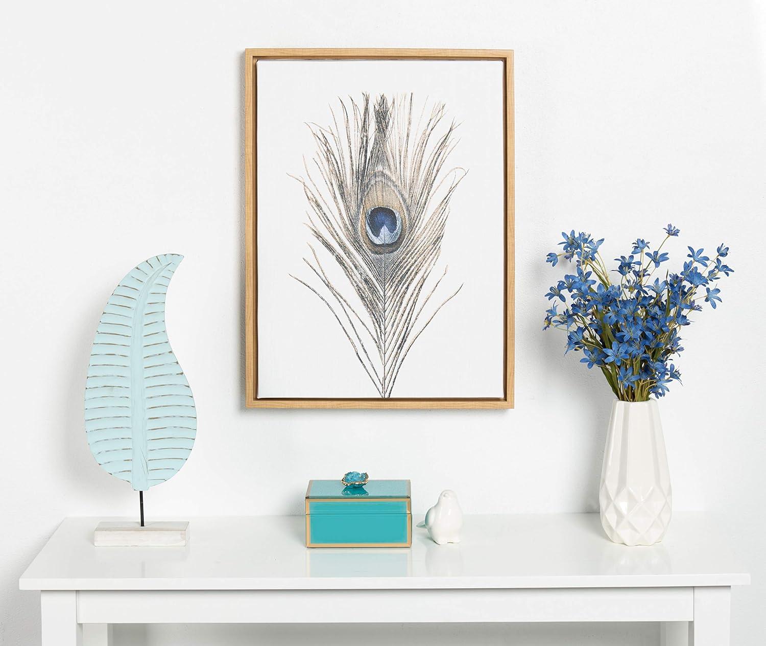 Kate and Laurel Sylvie Peacock Feather Natural Framed Canvas Wall Art by Simon Te Tai, 18x24 Natural