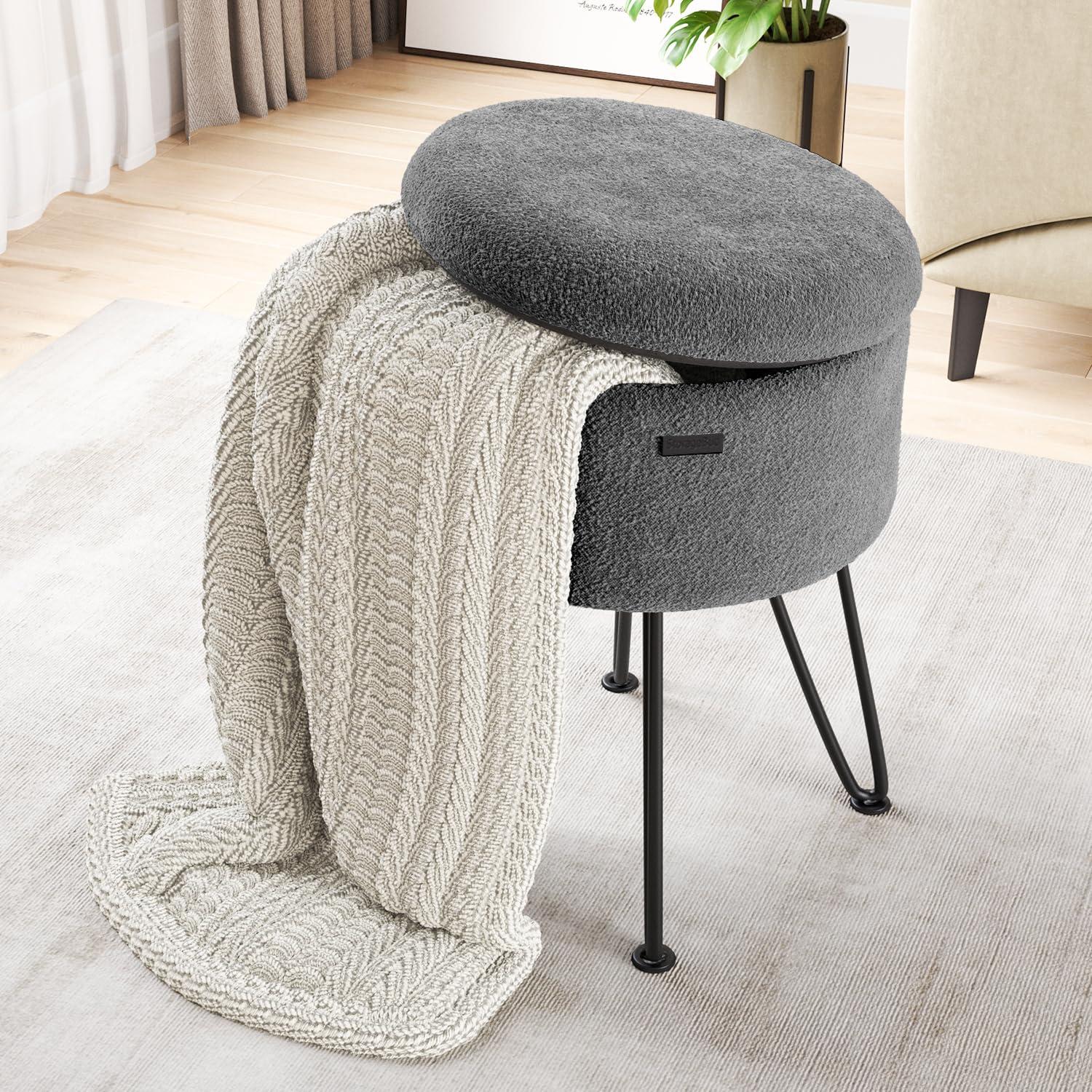 StorageBud Round Ottoman with Storage, Boucle Storage Ottoman, Modern Foot Stool Ottoman for Living Room and Bedroom, Gray/Black Legs