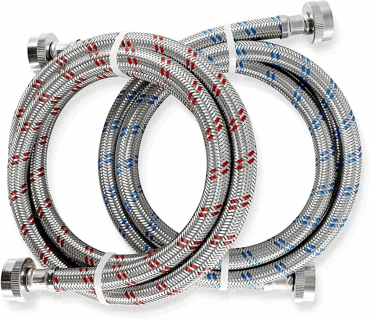 K&J Premium 4ft Stainless Steel Washing Machine Hoses Burst Proof 2 Pack - Hot and Cold Water Supply Hoses for Washing Machines