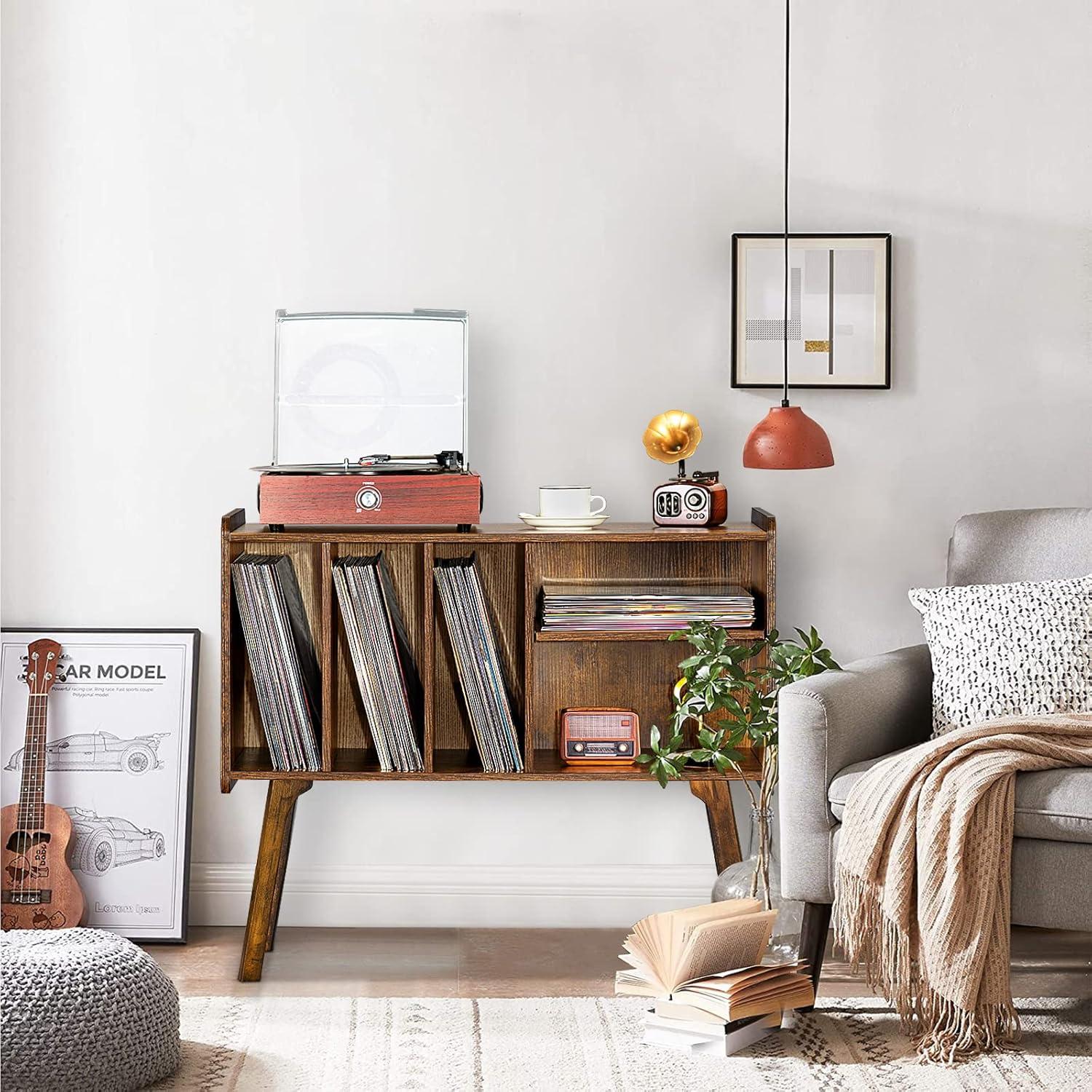 Brown Beech Wood Record Player Stand with Cabinet