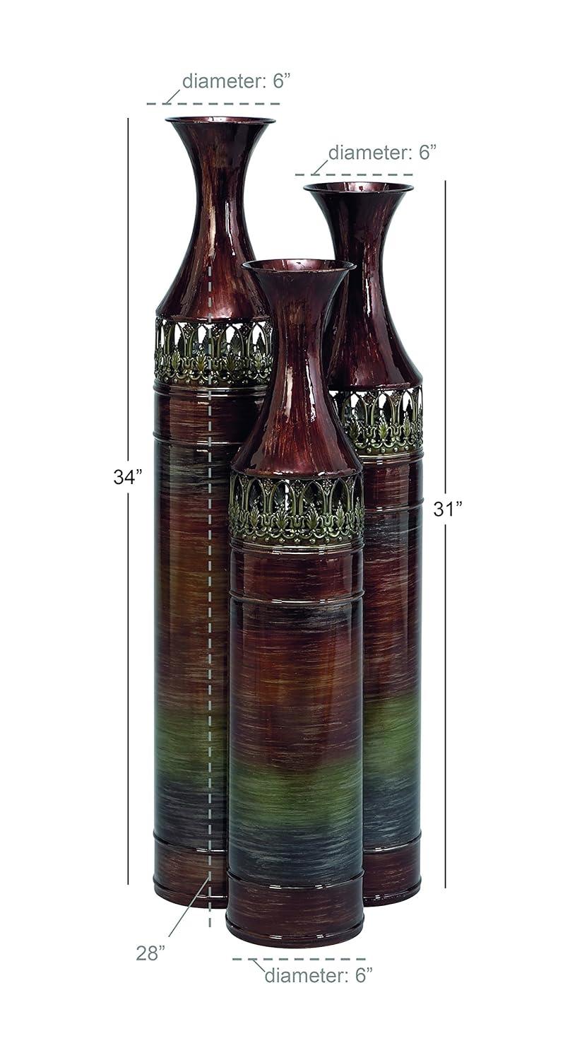 DecMode 34", 31", 28"H Tall Ombre Bronze Metal Vase with Laser Cut Antefix Design, Set of 3