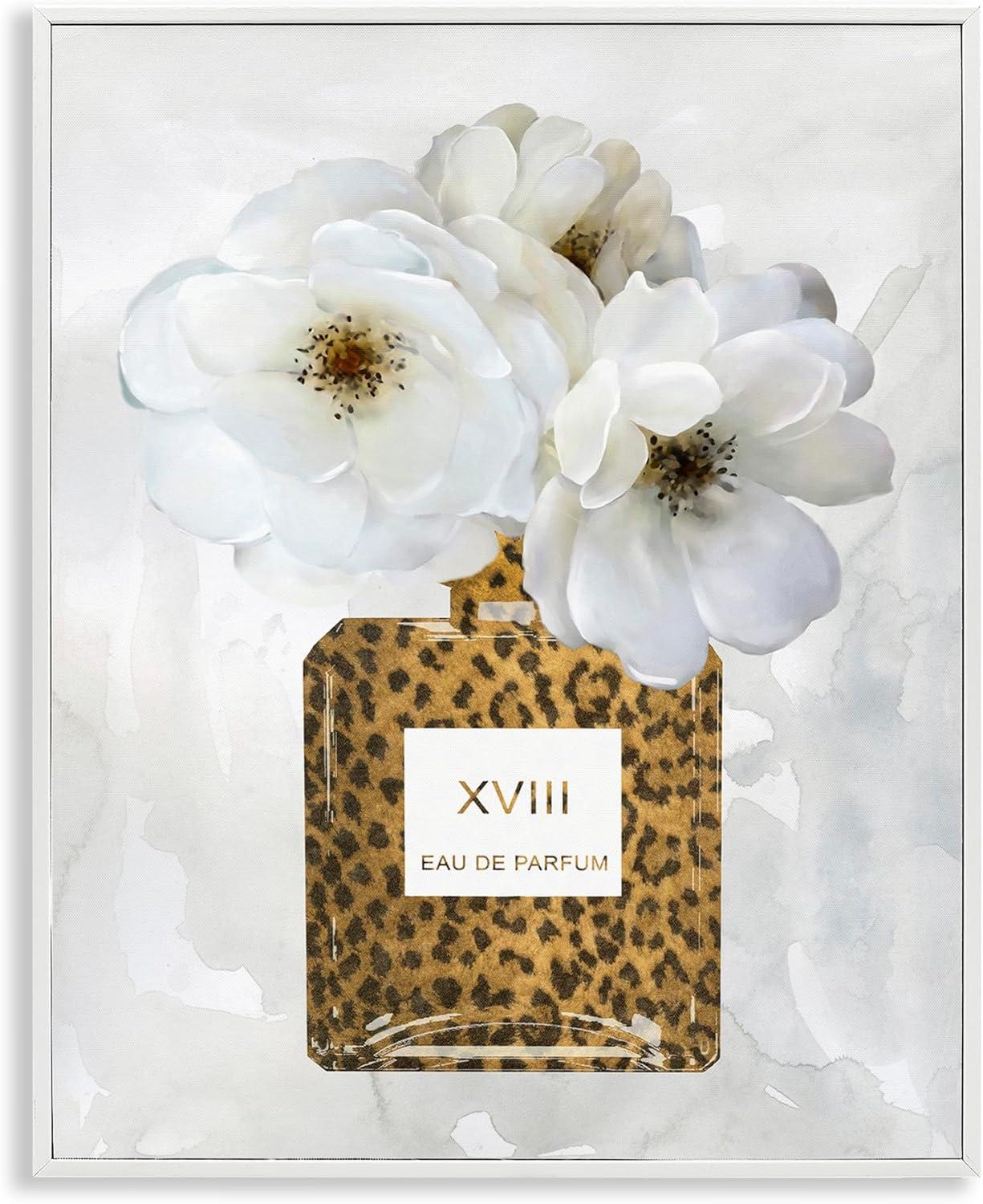 White Framed Leopard Print Perfume Bottle Wall Art, 16 x 20