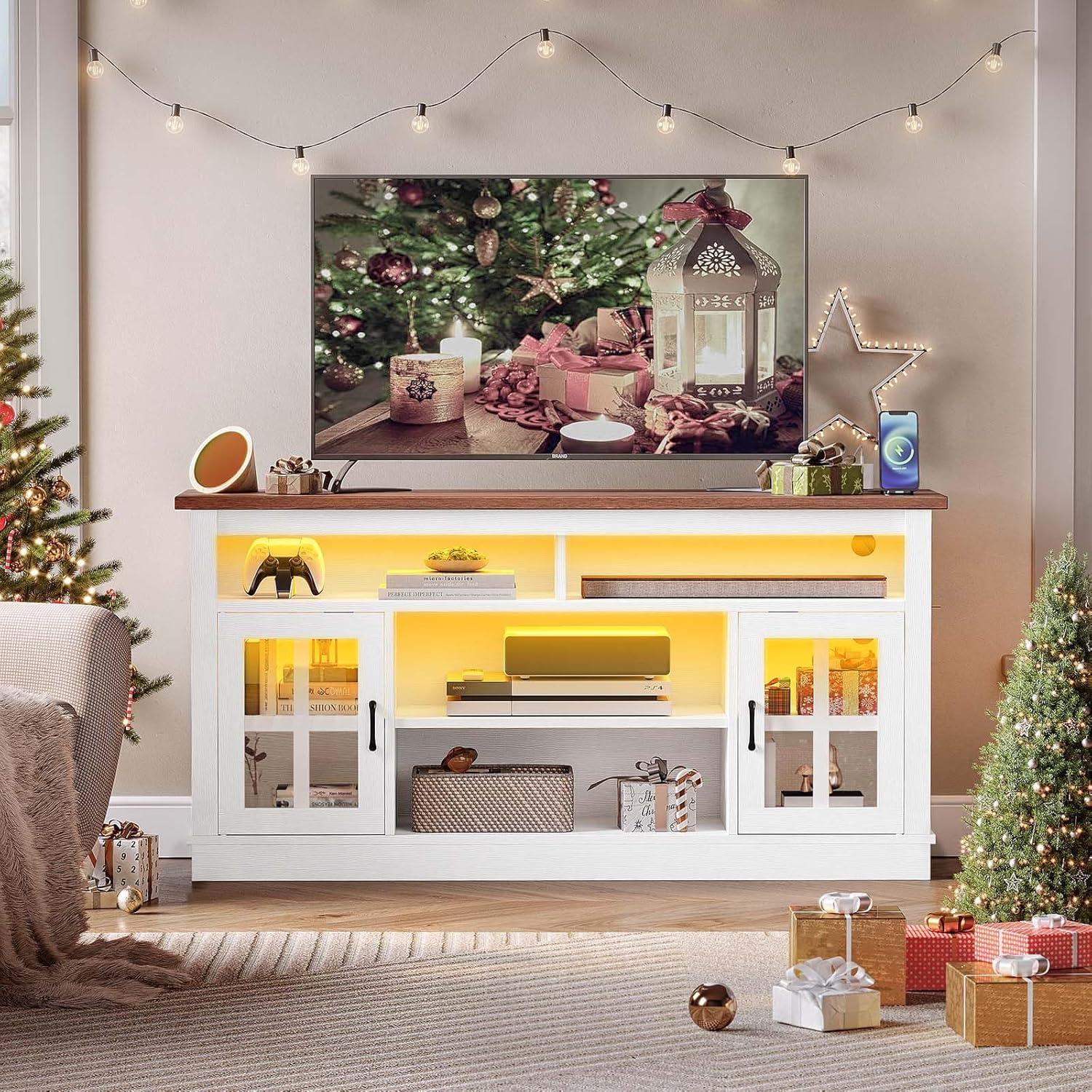 TV Stand for 65 Inch TVs,Farmhouse Entertainment Center with LED Lights and Charging Station,TV Cabinet/Console Table with Adjustable Shelves and Glass Doors for Living Room White+Walnut
