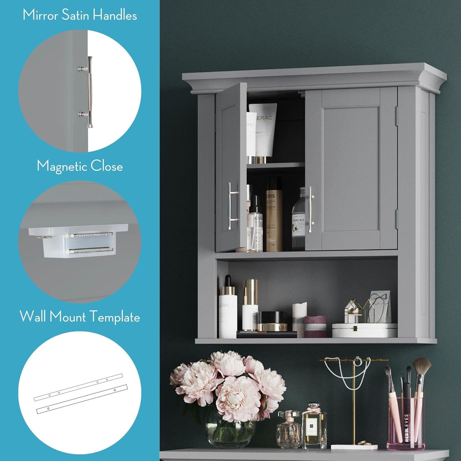 RiverRidge Somerset Two-Door Bathroom and Laundry Wall Mount Storage Medicine Cabinet with Open and Adjustable Shelf - Gray