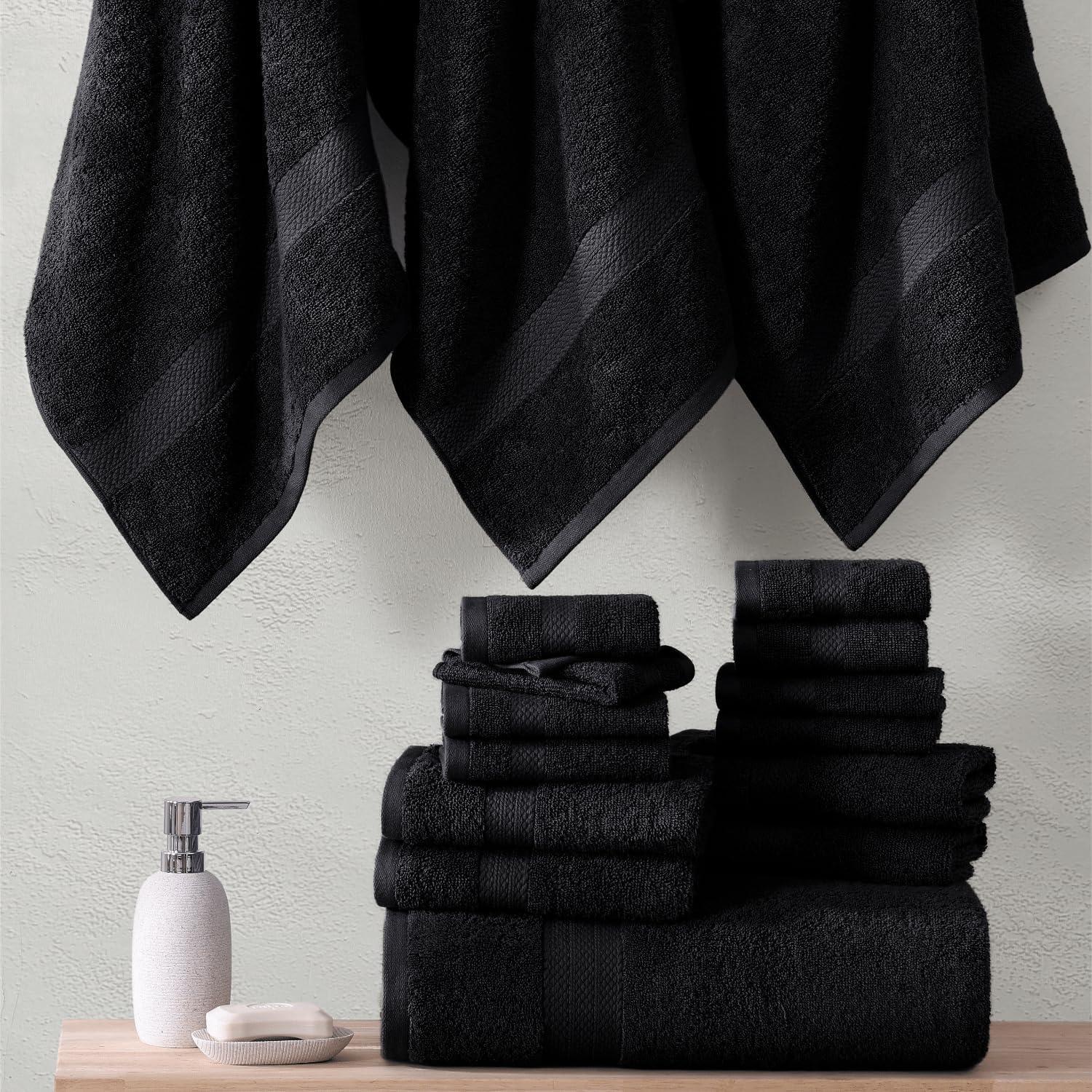 Hawmam Linen Bathroom Accessories Set - 6 Piece Black Bathroom Set: 2 Bath Towels, 2 Hand Towels, 2 Washcloths, 100% Turkish Cotton, Quickdry, High Absorbent, Dorm Room Essentials, Spa Quality 600 GSM