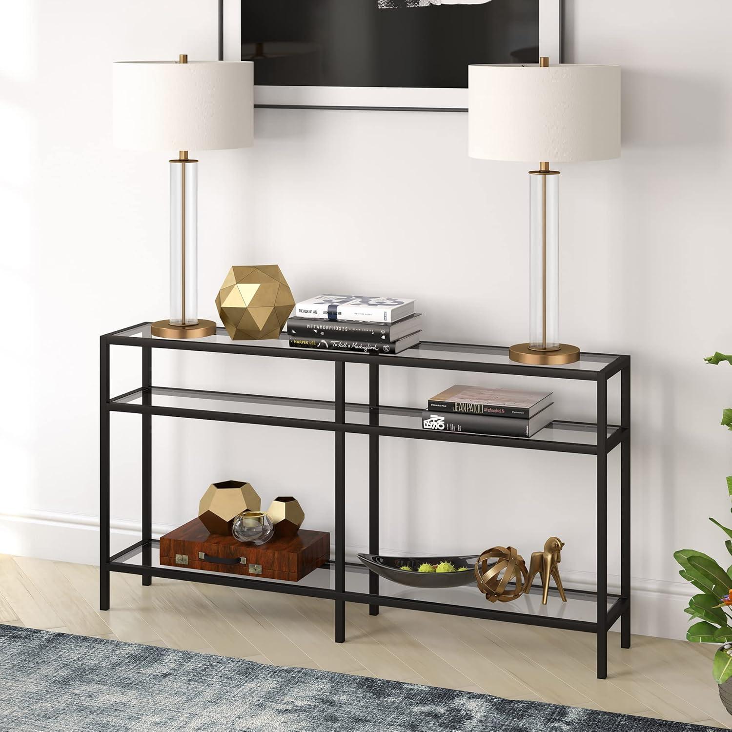 Sivil 55" Blackened Bronze and Black Metal Console Table with Glass Top
