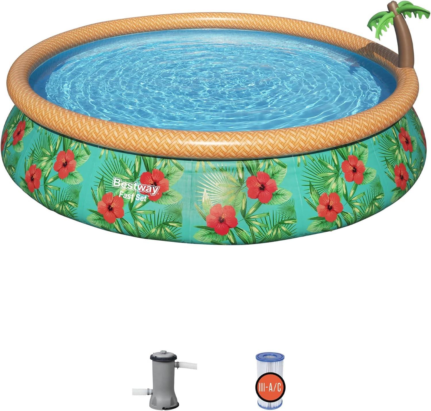 Bestway Fast Set Paradise Palms 15' x 33" Round Inflatable Outdoor Swimming Pool Set with Built-In Palm Tree Sprinkler and Filter Pump