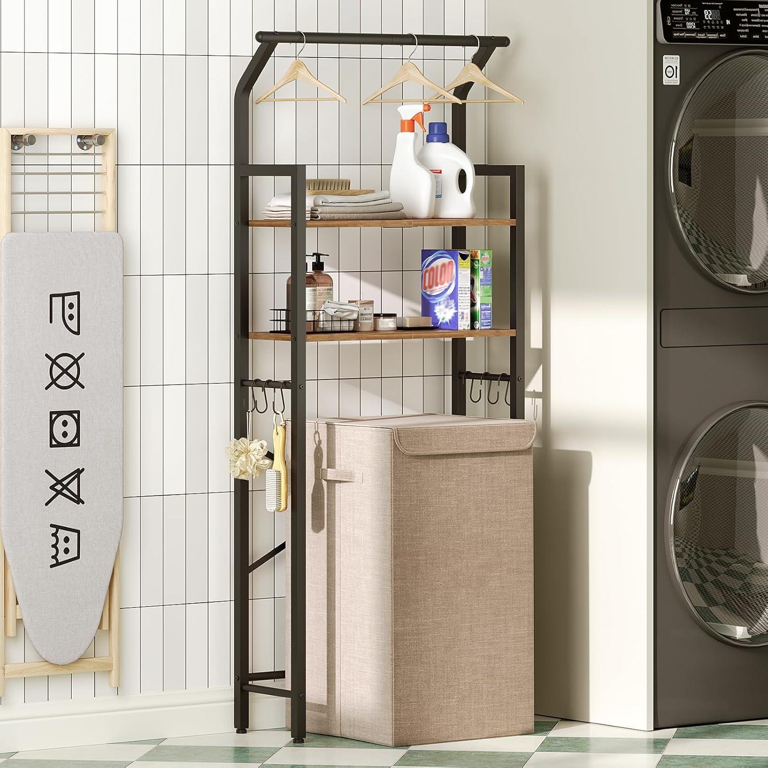 Over The Toilet Storage, 2-Tier Bathroom Organizer Shelves with Hooks, Multifunctional Vertical The Toilet Shelf Storage Rack for Bathroom, Rustic Brown and Black TR01BR