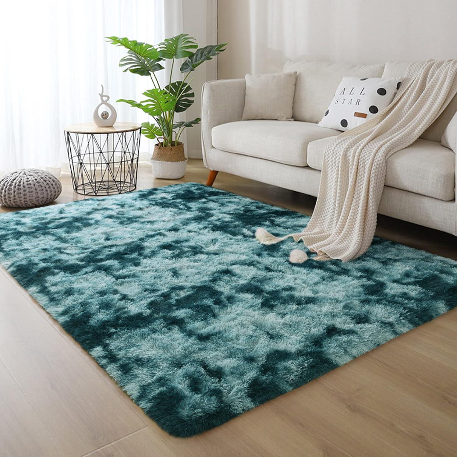 DweIke Fluffy Peacock Blue Rugs for Bedroom Living Room, 3x5 Feet Soft Plush Shaggy Tie-Dyed Teal Blue Girls Boys Kids Rug, Upgraded Non-Slip and Machine Washable Carpet for Dorm Nursery Decor