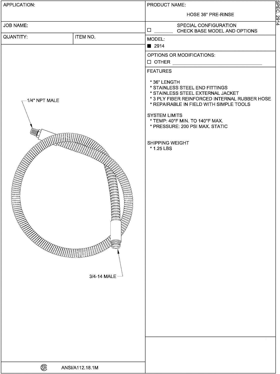 36 Inch Stainless Steel Pre-Rinse Replacement Hose