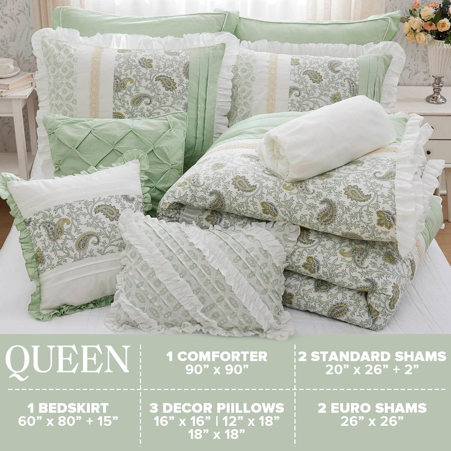Madison Park Queen Cotton 9-Piece Comforter Set with Lace Taping Pintucked Printed Bed in a Bag Bedding Set with Decorative Pillows and Euro Shams, Sage Green