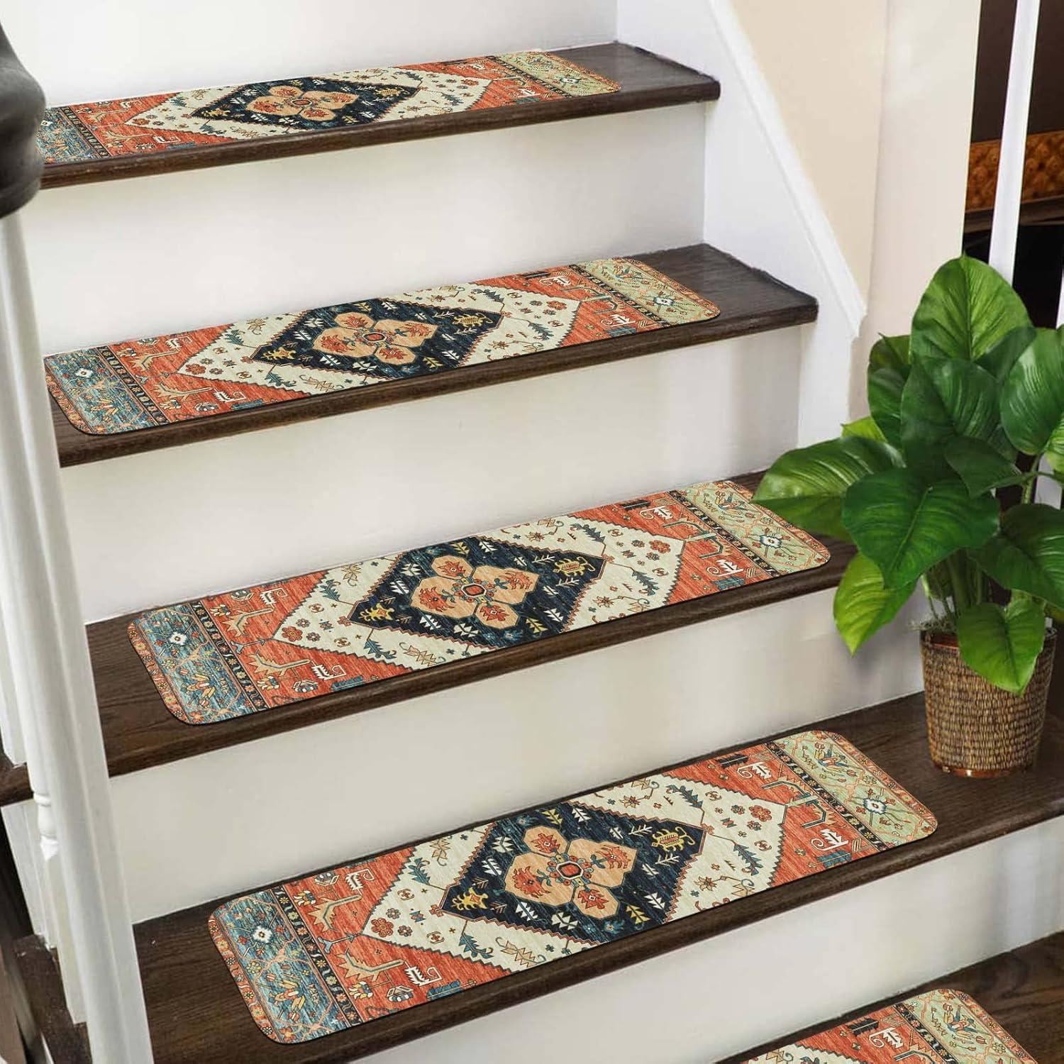 Bohemian Multicolor Non-Slip Stair Treads with Rubber Backing, Set of 15