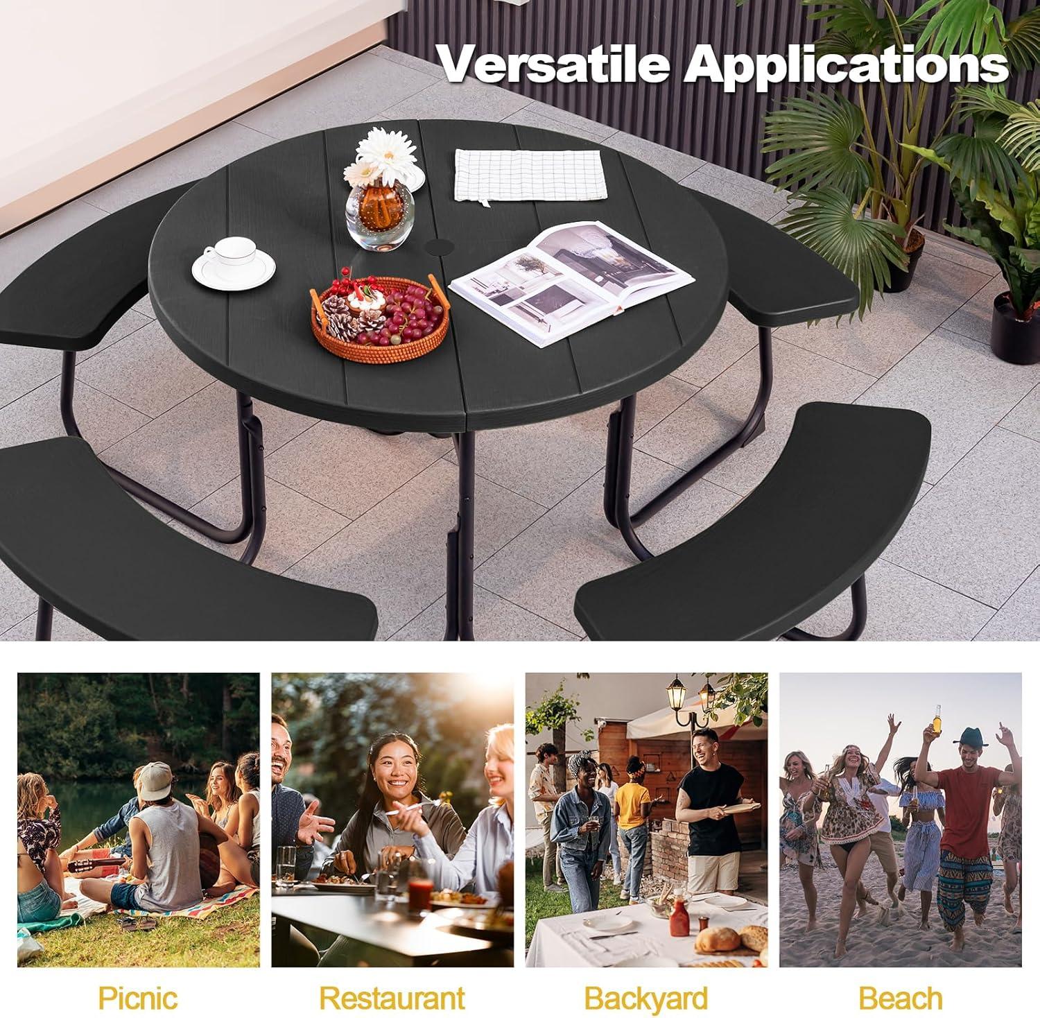 Costway Outdoor 8-person Round Picnic Table Bench Set with 4 Benches & Umbrella Hole Green