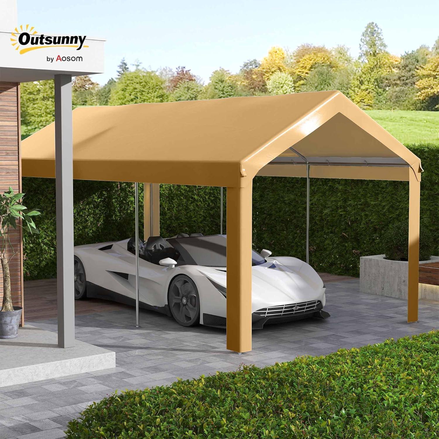 Outsunny 10' x 20' Carport Replacement Top Canopy Cover, UV and Water Resistant Portable Garage Shelter Cover with Ball Bungee Cords, Beige, Only Cover