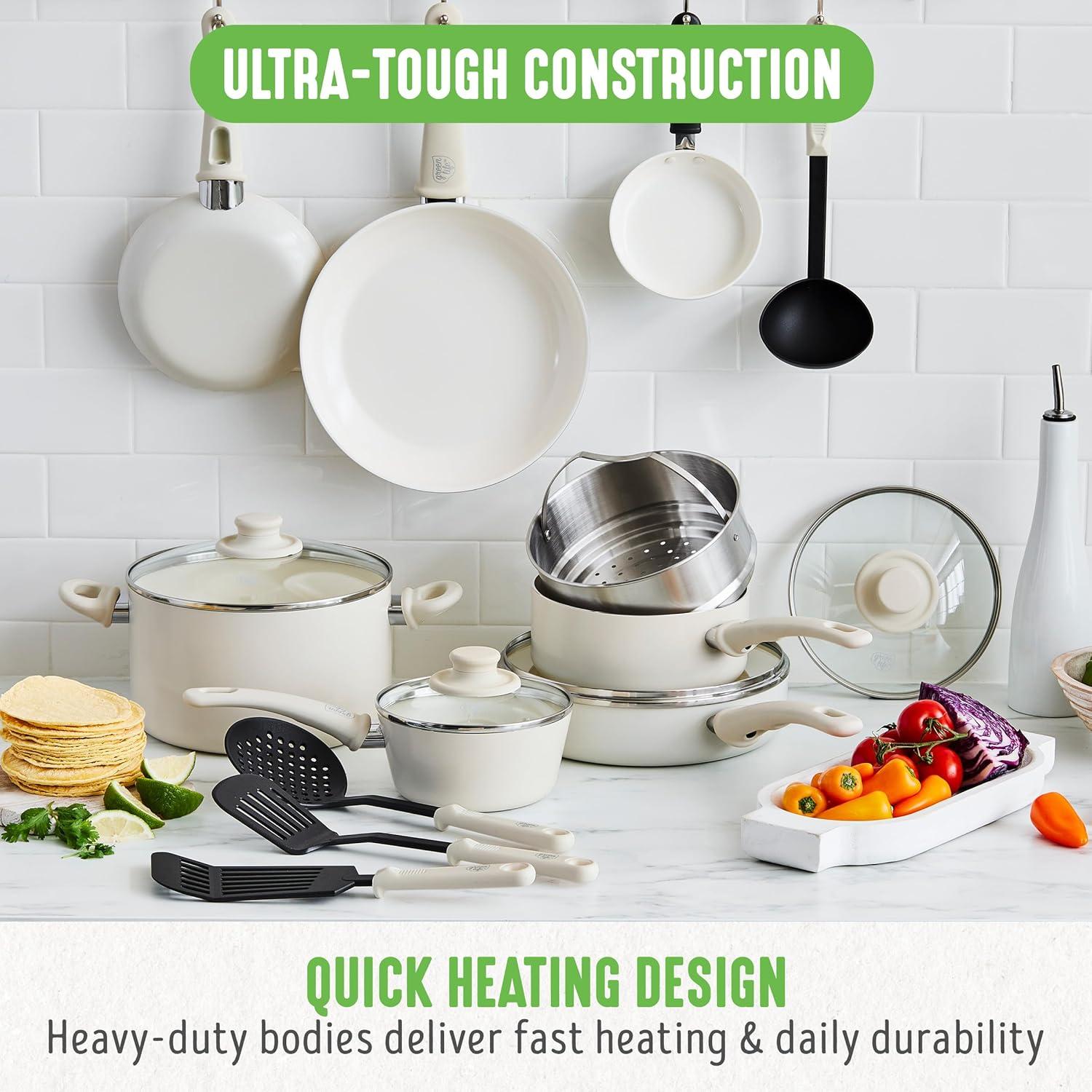 Soft Grip 16-Piece Aluminum Healthy Ceramic Nonstick Cookware Set in Cream