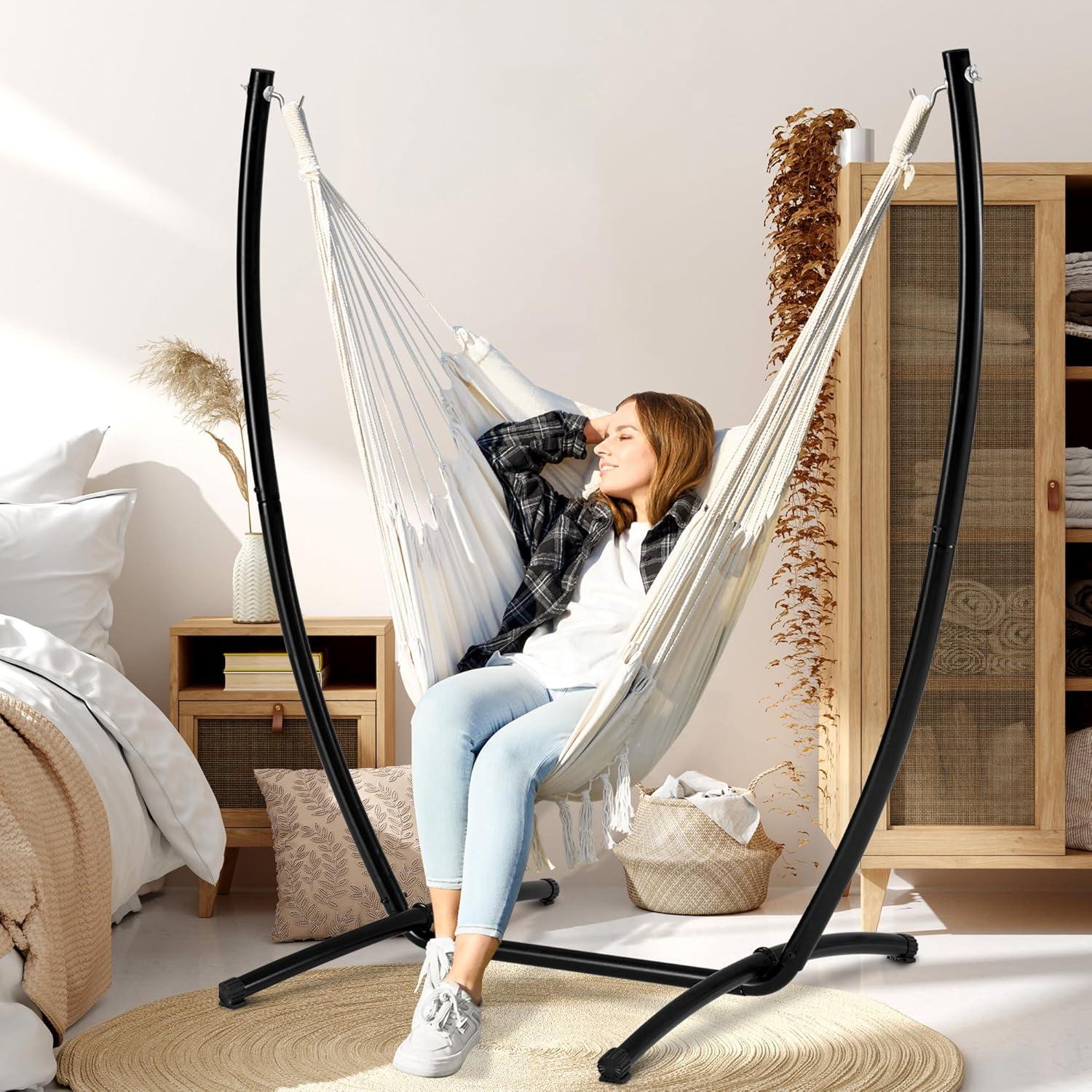 Off-White Cotton Hanging Hammock Chair with Stand