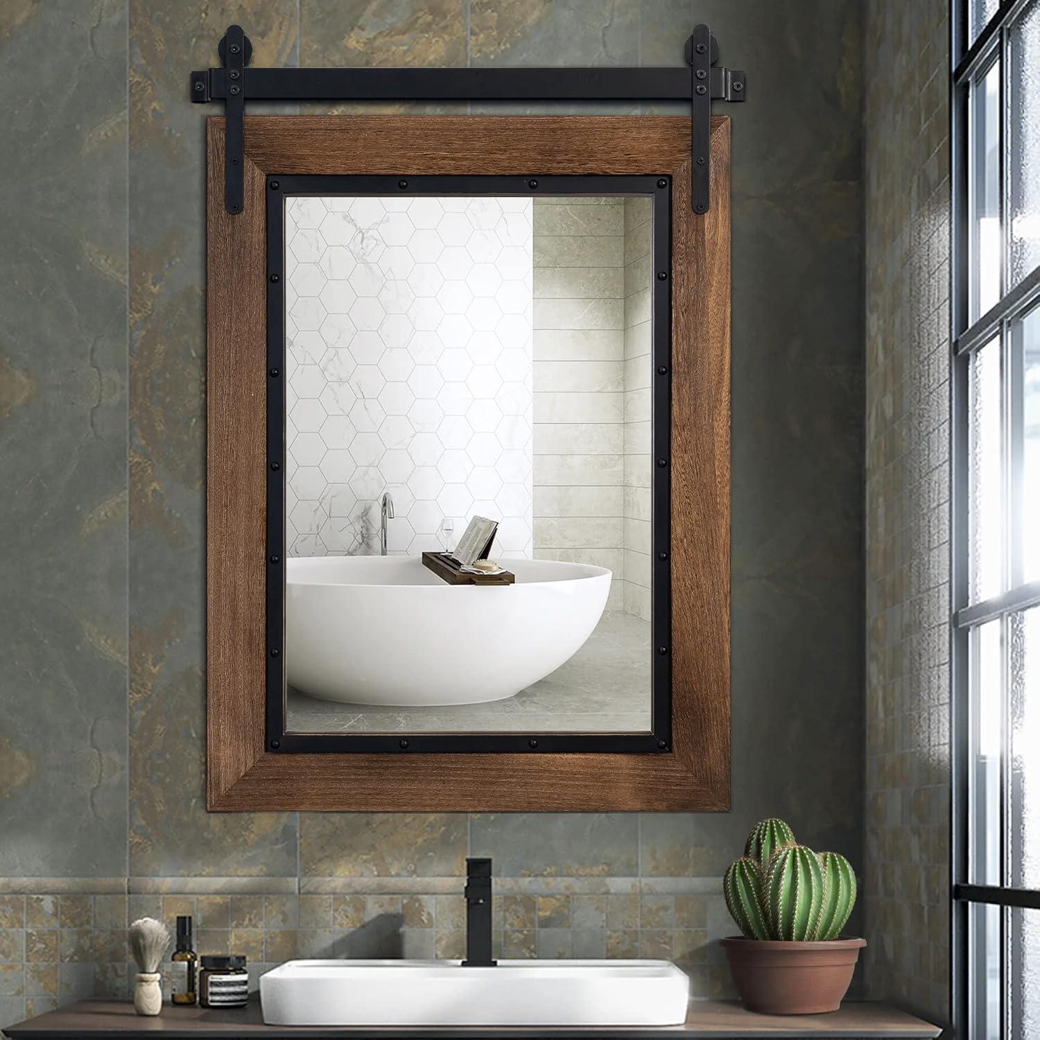 COSMOGO Farmhouse Barn Door Style Natural Wood Bathroom Vanity Wall Mirror 24"x32"