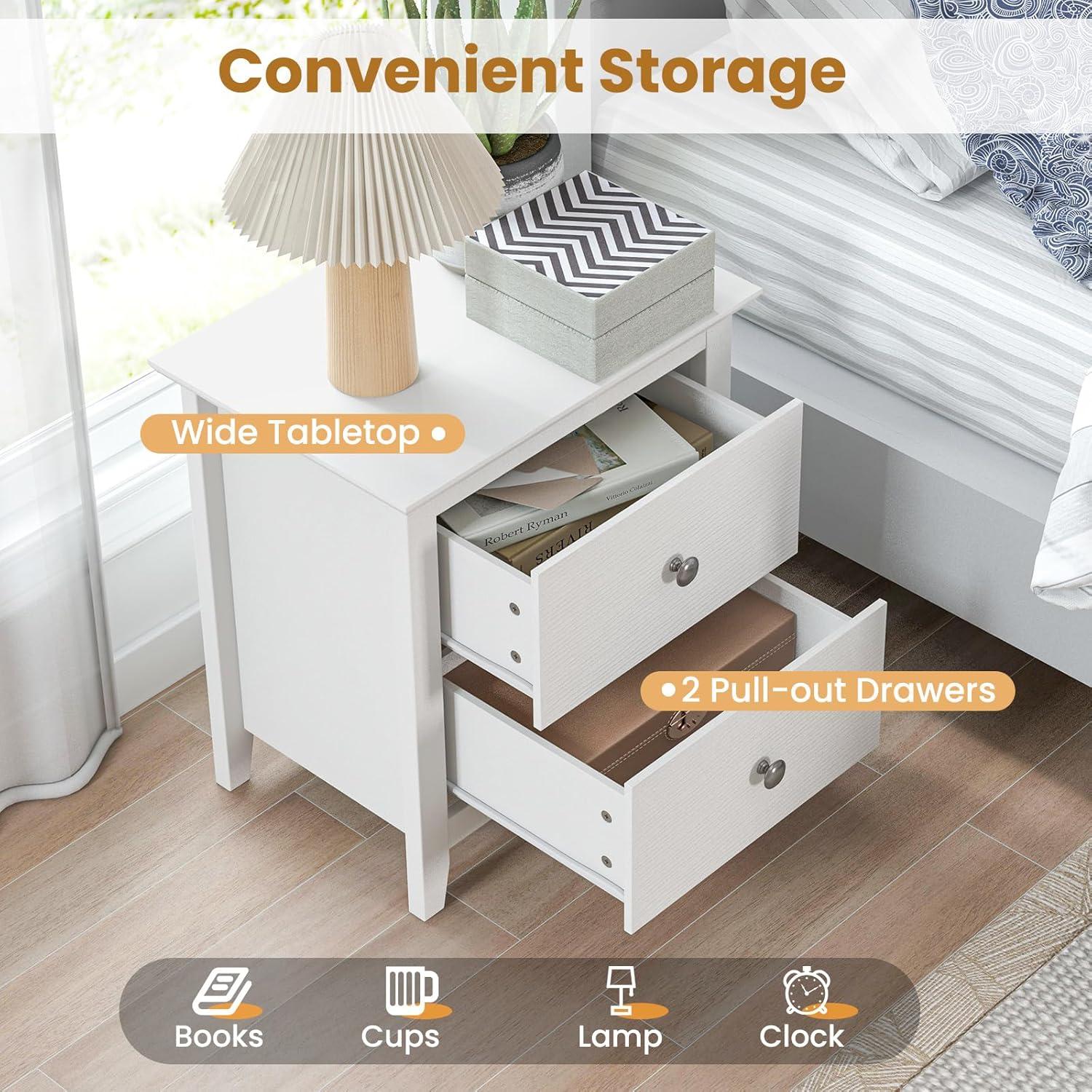 Tangkula Modern Nightstand with Storage 2 Drawers & Support Legs for Bedroom White