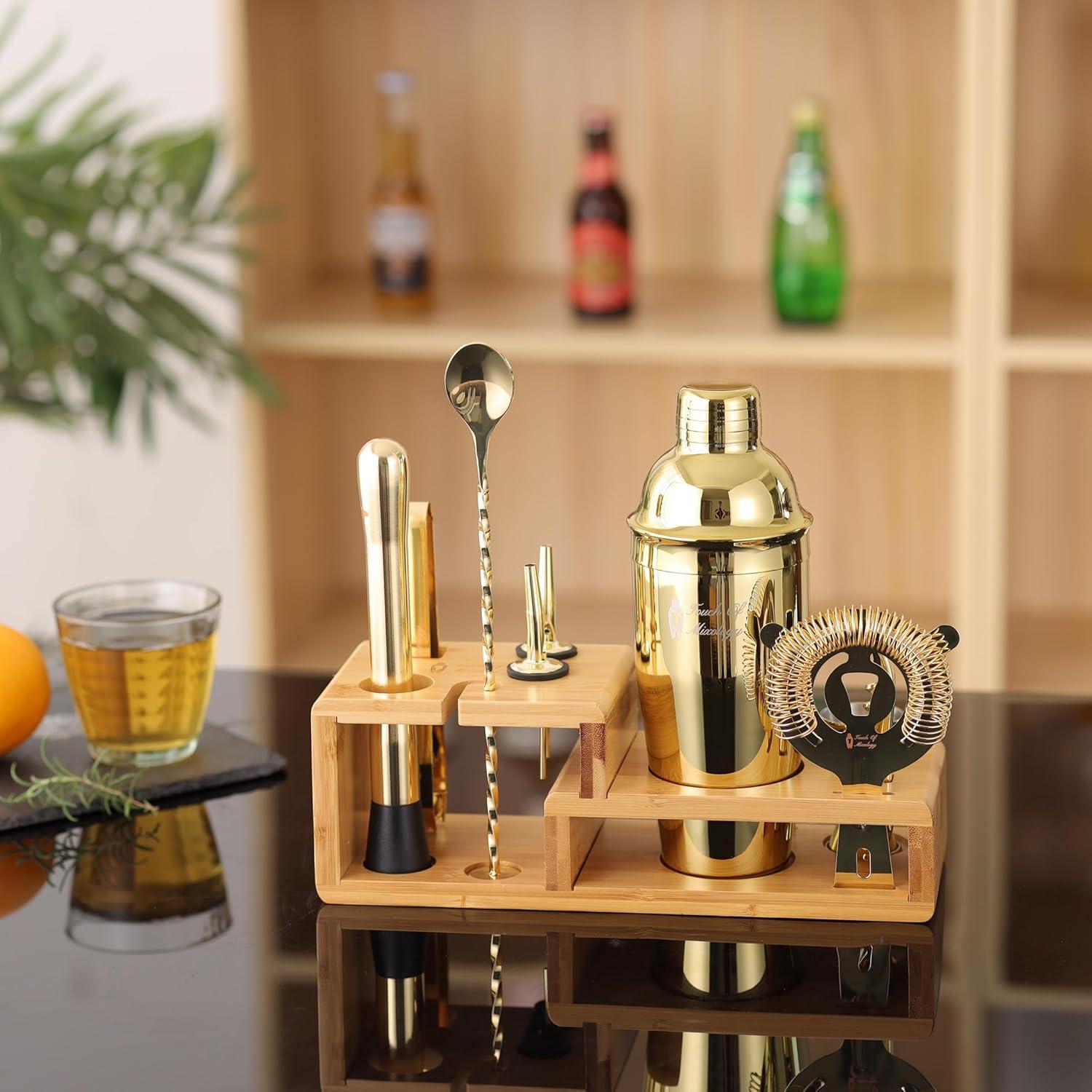 Touch of Mixology Premium 14 Piece Stainless Steel Bartender Kit with Bamboo Stand (Dark Metallic)