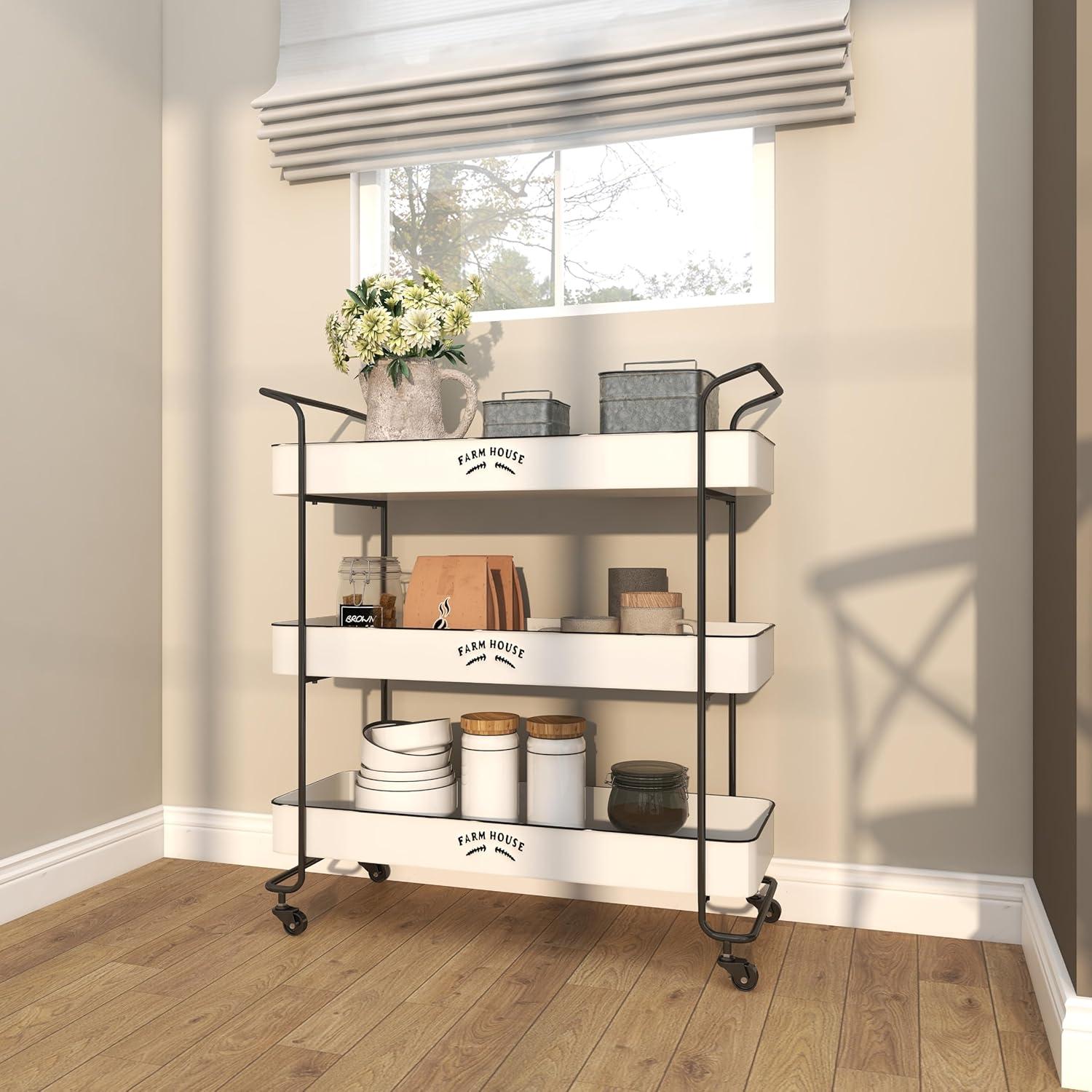 DecMode 32" x 35" White Metal Kitchen Rolling 3 Shelves Bar Cart with Black Accents and Farm House Design, 1-Piece