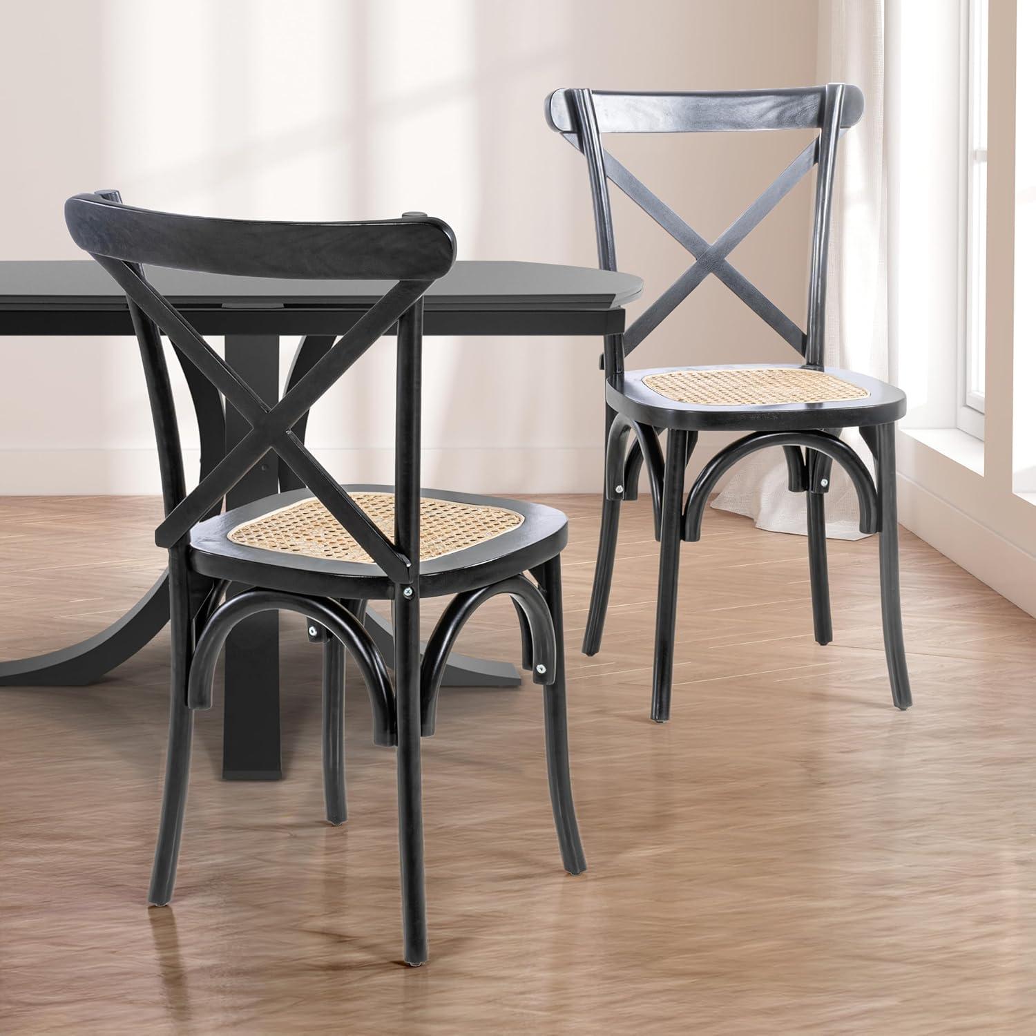 Cassis Classic Traditional X-Back Wood Rattan Dining Chair, Black/Natural (Set of 2) - JONATHAN Y