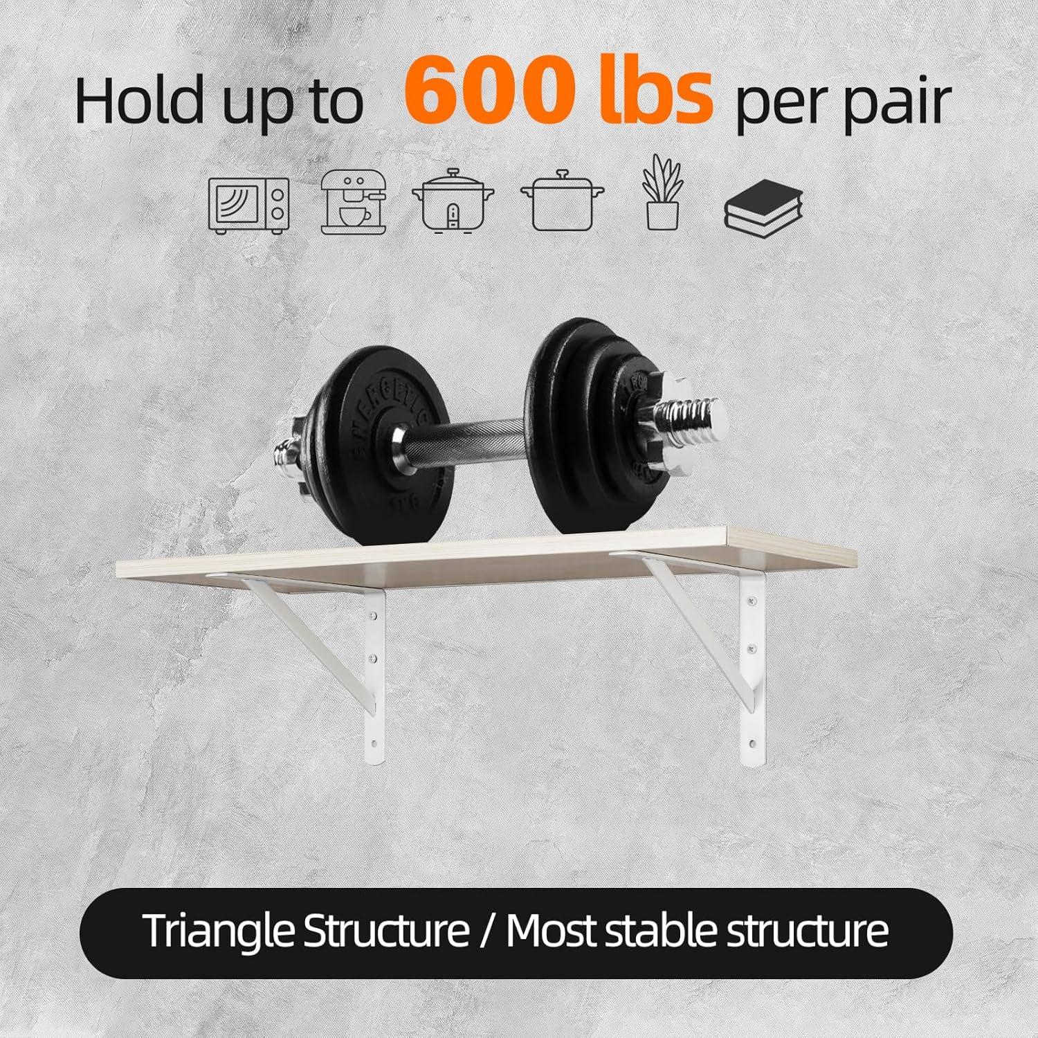 HOME MASTER HARDWARE 12 x 8 inch Heavy Duty Shelf Brackets, Load Capacity: 600lb, 10-Pack White Metal L Supports for Wall Mounted Wood Shelving, Shelves Bracket with Screws