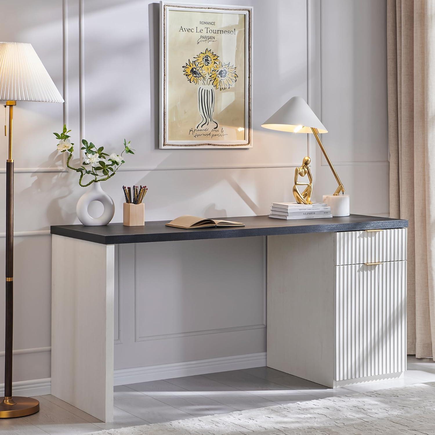 60" Modern Desk with Drawer & Cabinet, Fluted Computer Writing Desk for Living Room, Bedroom, White