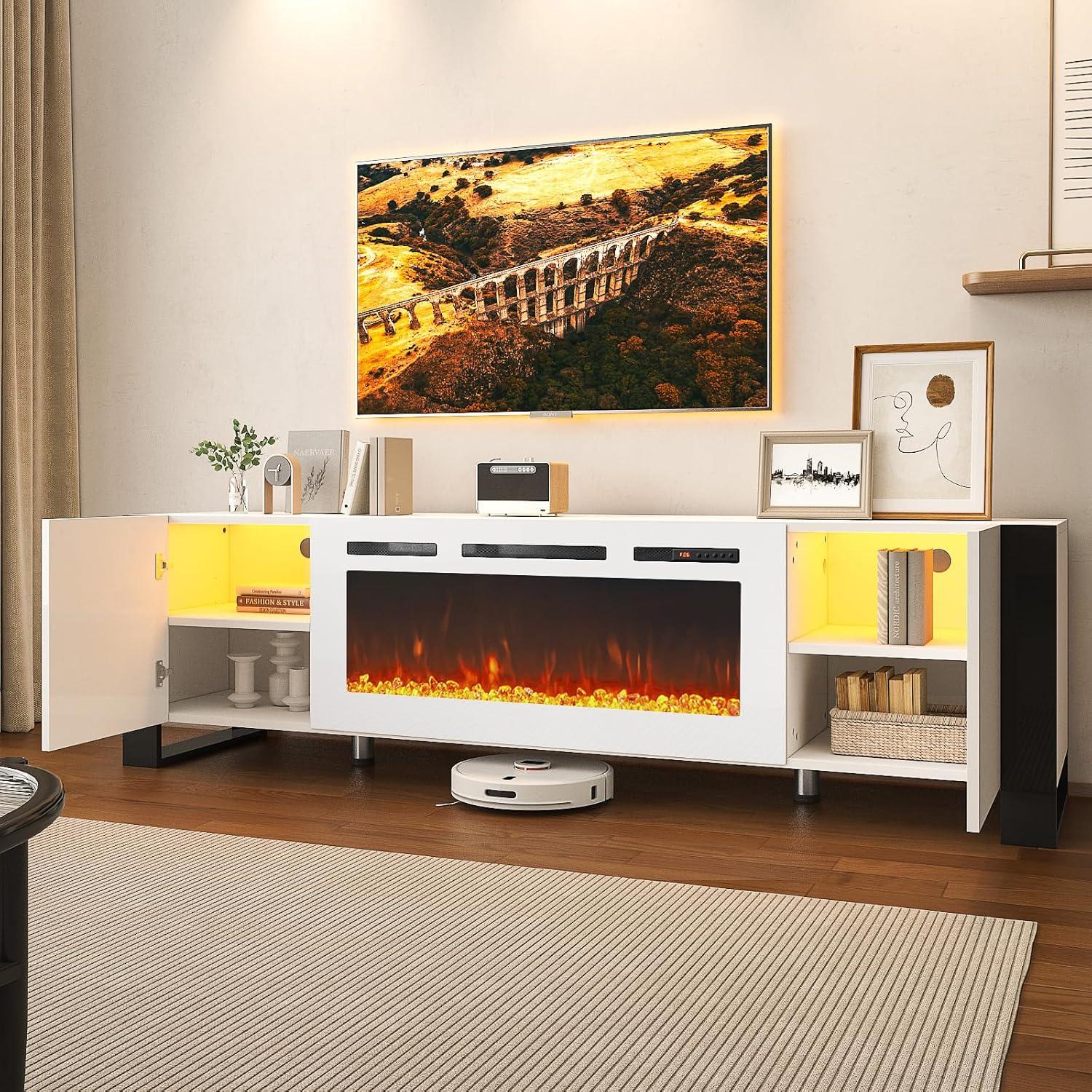 White 70'' Modern Fireplace TV Stand with Cabinets