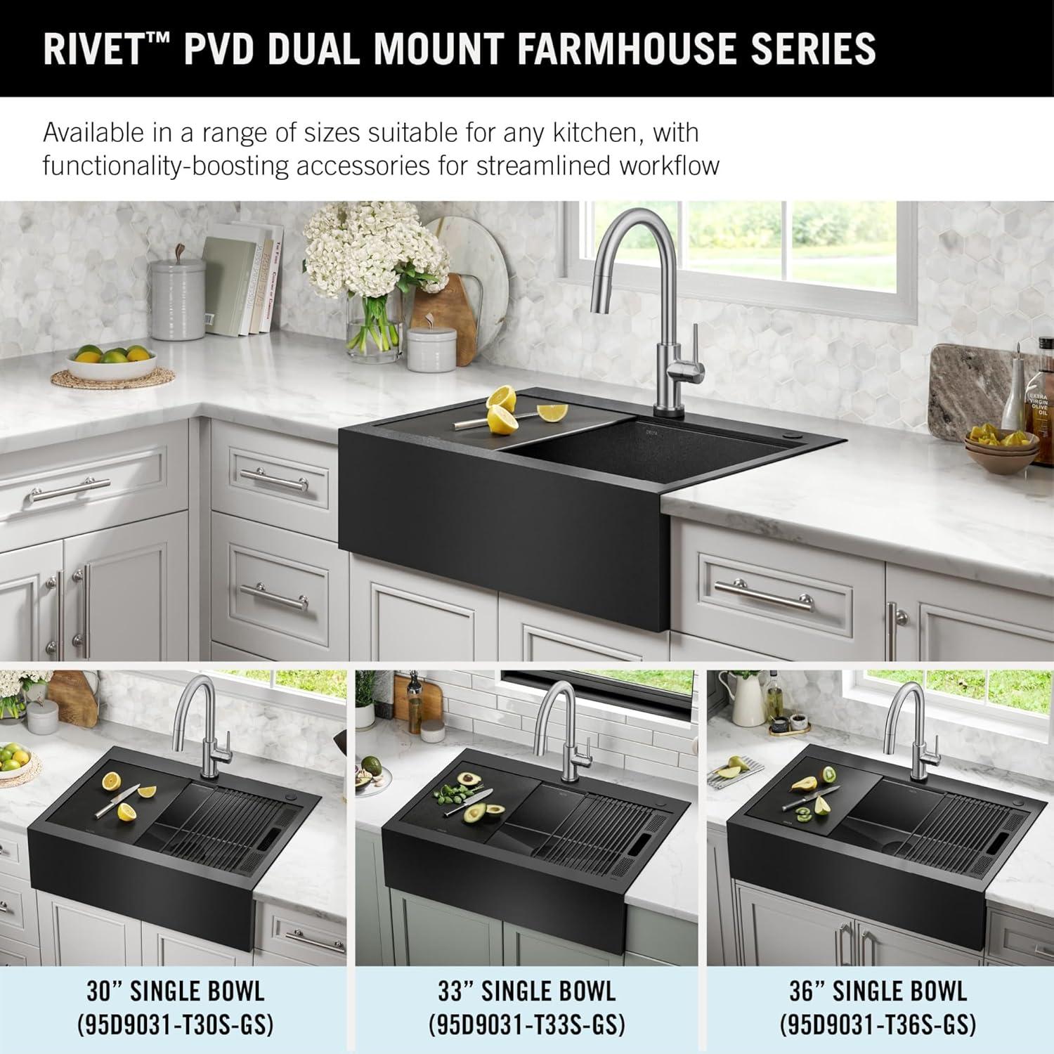 Delta Rivet™ Black Stainless Steel Retrofit Farmhouse Apron Front 16 Gauge Workstation Kitchen Sink Single Bowl