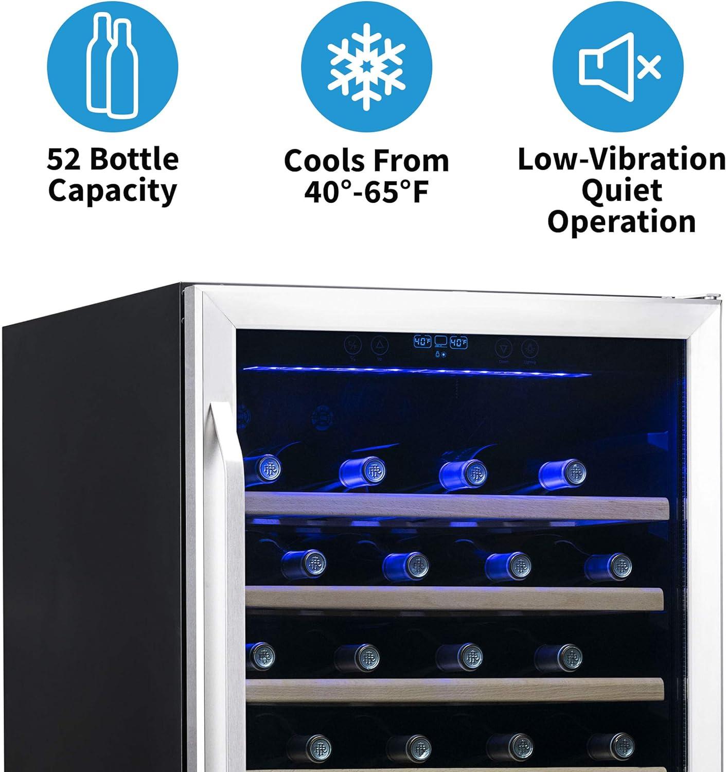 Newair 24" Built-in 52 Bottle Wine Refrigerator in Stainless Steel with Precision Digital Thermostat and Beechwood Shelves