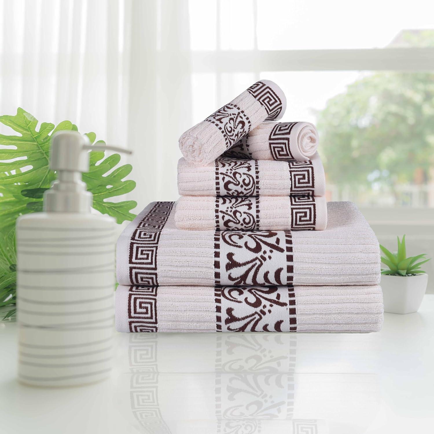 Ivory and Chocolate 6-Piece Cotton Towel Set with Greek Pattern