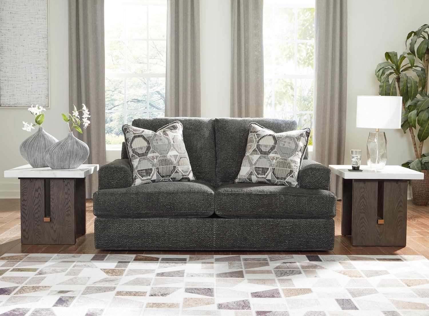 Smoke Gray Linen Stationary Loveseat with Track Arms