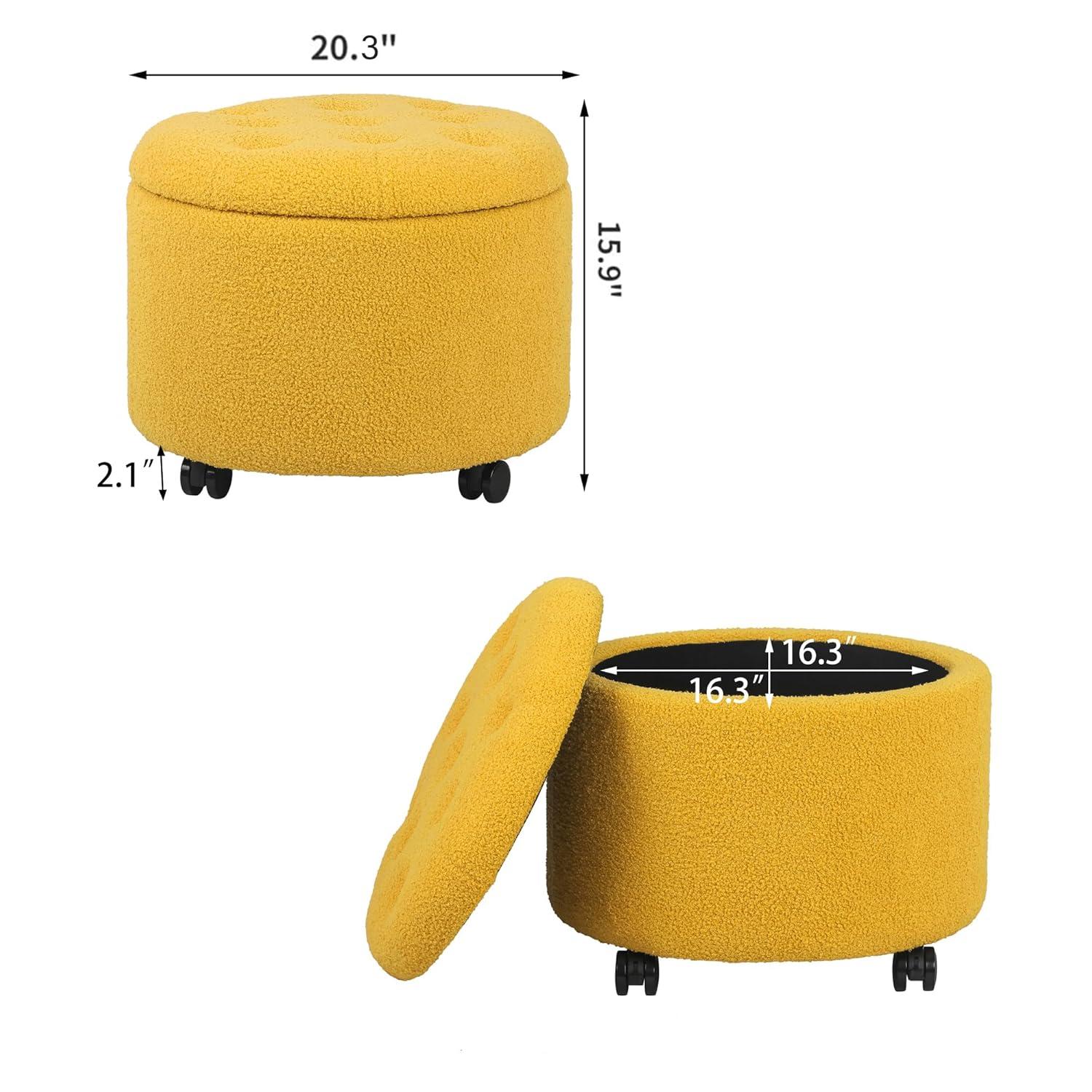 Round Storage Ottoman with Casters, Teddy Velvet Button Tufted Foot Rest Stool for Living Room Bedroom