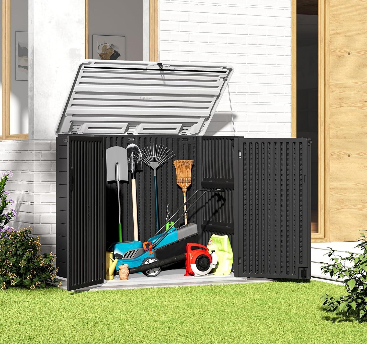 Large Brown Resin Outdoor Storage Shed with Shelving