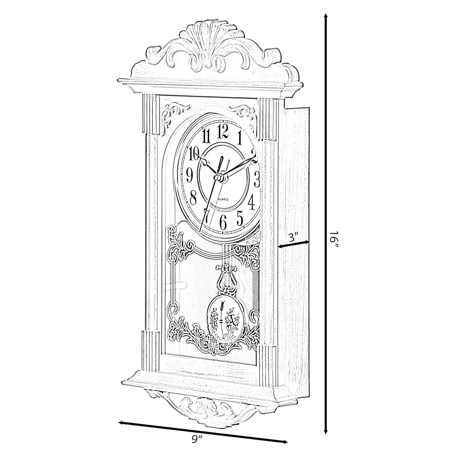 Clockswise Vintage Grandfather Wood-Looking Plastic Pendulum Decorative Battery-Operated Wall Clock Brown, for Home Decor, White