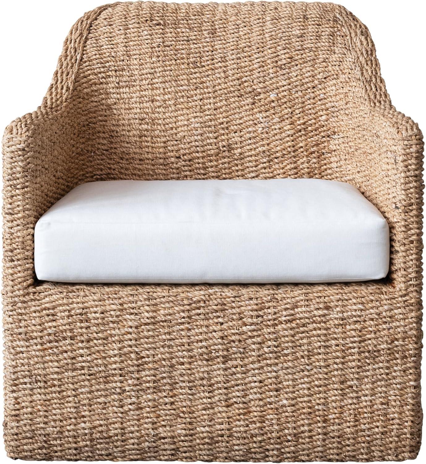 Natural and Cream Woven Water Hyacinth and Acacia Wood Outdoor Lounge Chair with White Cushion