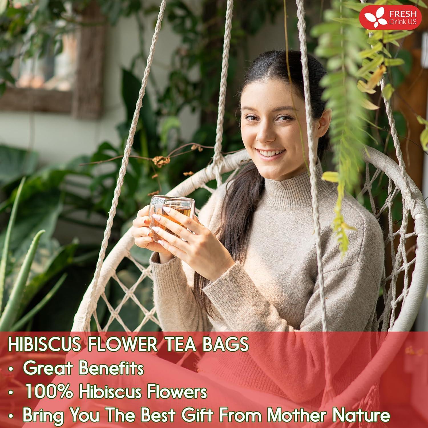 FreshDrinkUS, Premium 140 Hibiscus Flowers Tea Bags, 100% Natural, Handmade, Pure from Hibiscus Flowers. Loose Flower Hibiscus Herbal Tea. Hibiscus Flower Tea. No Sugar/Caffeine/Gluten, Vegan.
