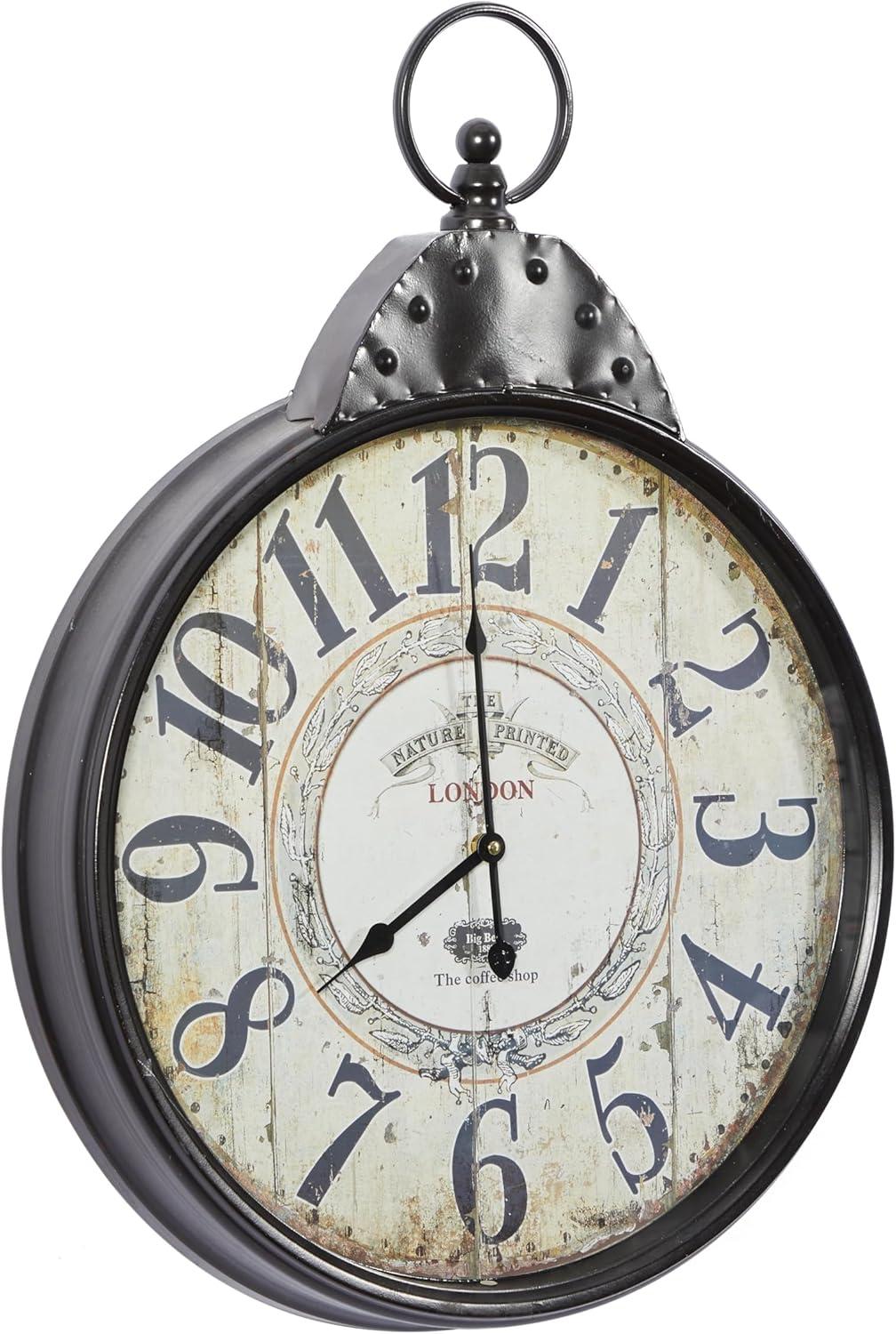 DecMode 20" Black Metal Finial Distressed Pocket Watch Inspired Wall Clock with Beige Clockface