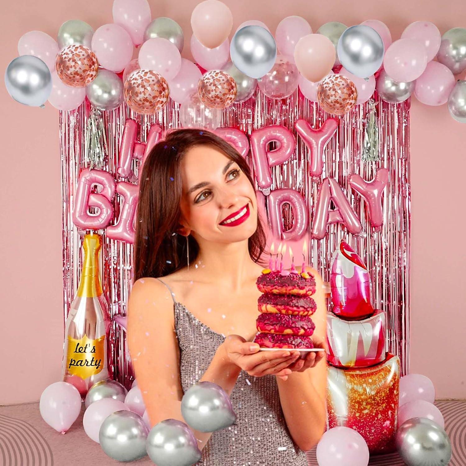 Pink and Silver Birthday Party Decoration Set with Balloons and Banner