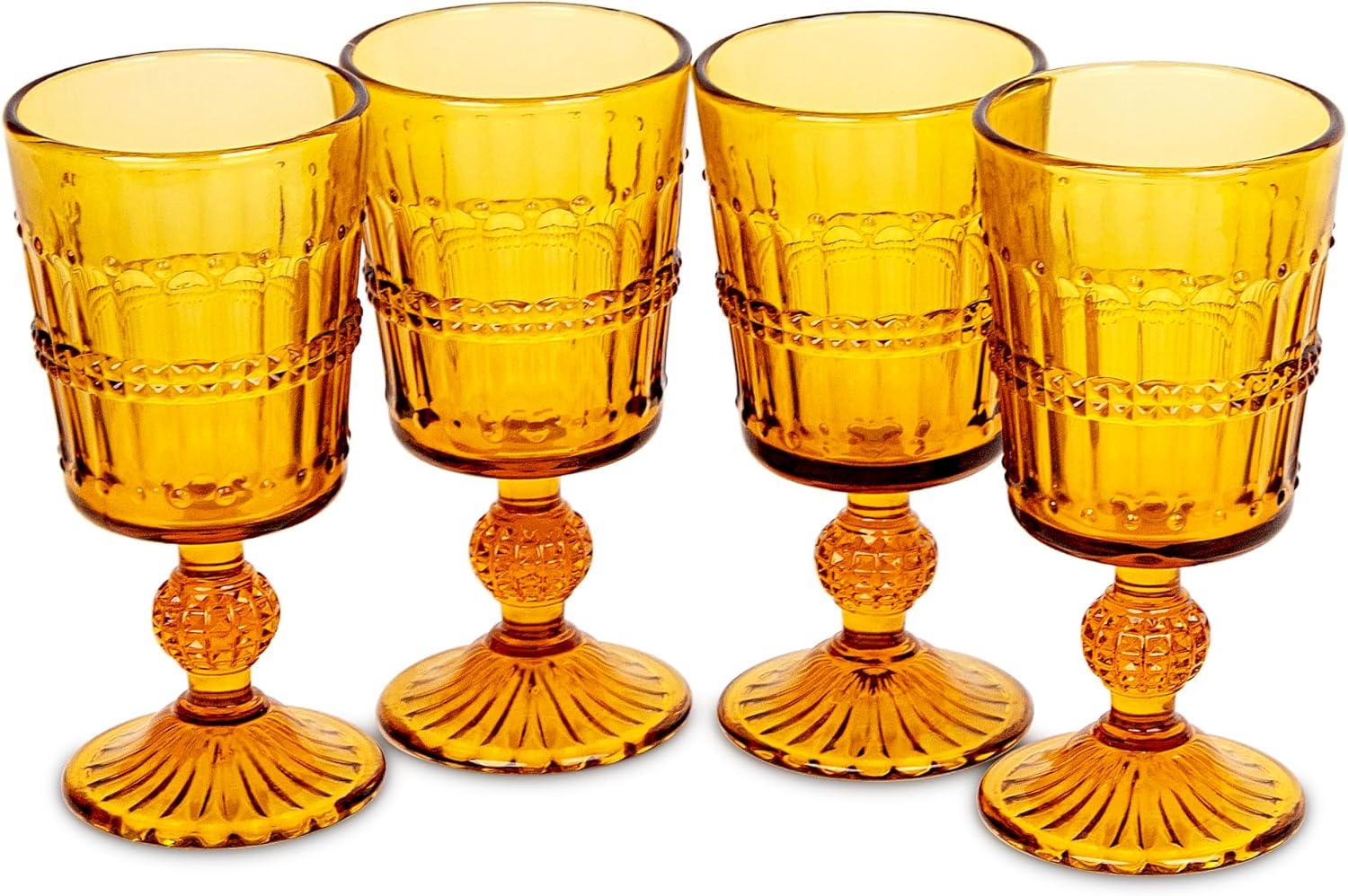 American Atelier Vintage Old Fashion 10 oz. Whiskey Glasses, Romantic Water Tumblers, Barware Glasses for Cocktails, Embossed Beaded, Set of 4, Amber