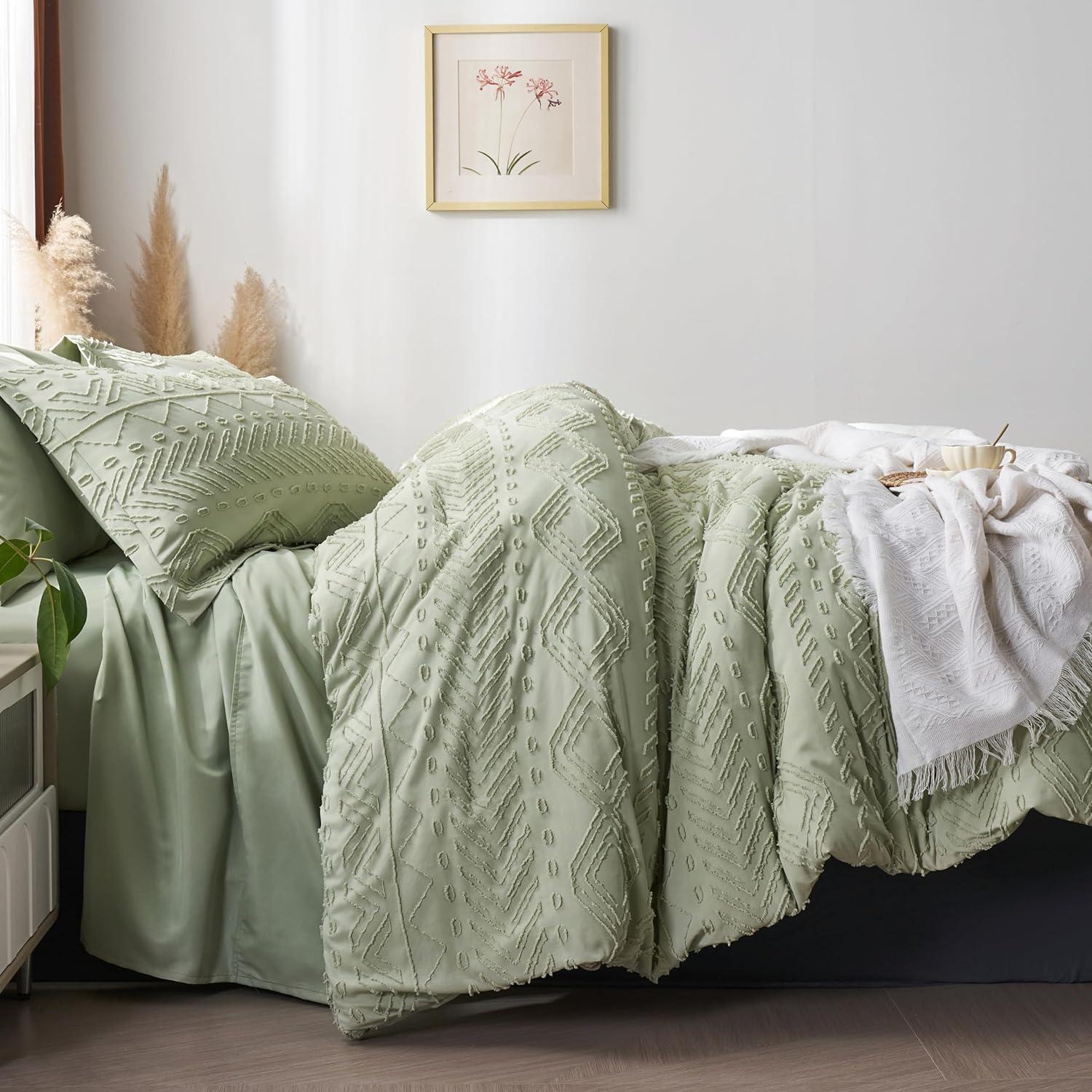 Green Boho Tufted Full Microfiber Comforter Set