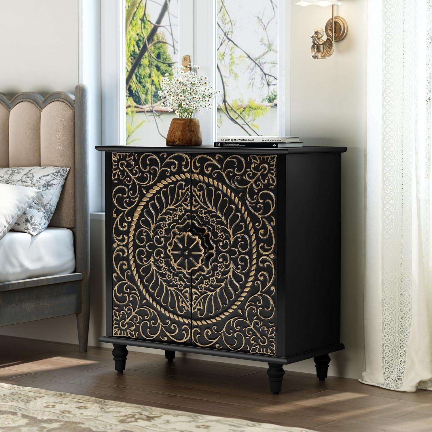 Black Carved Floral Pattern 2-Door Accent Cabinet