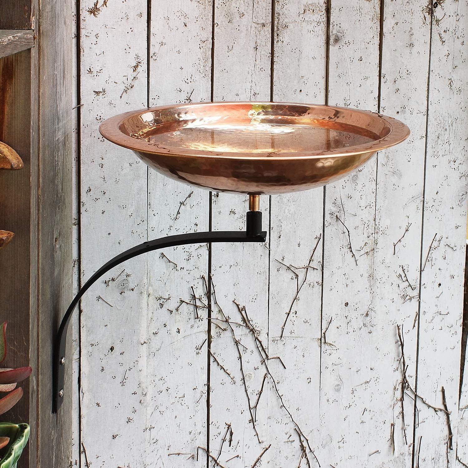 Hammered Copper Wall-Mounted Birdbath with Black Iron Bracket