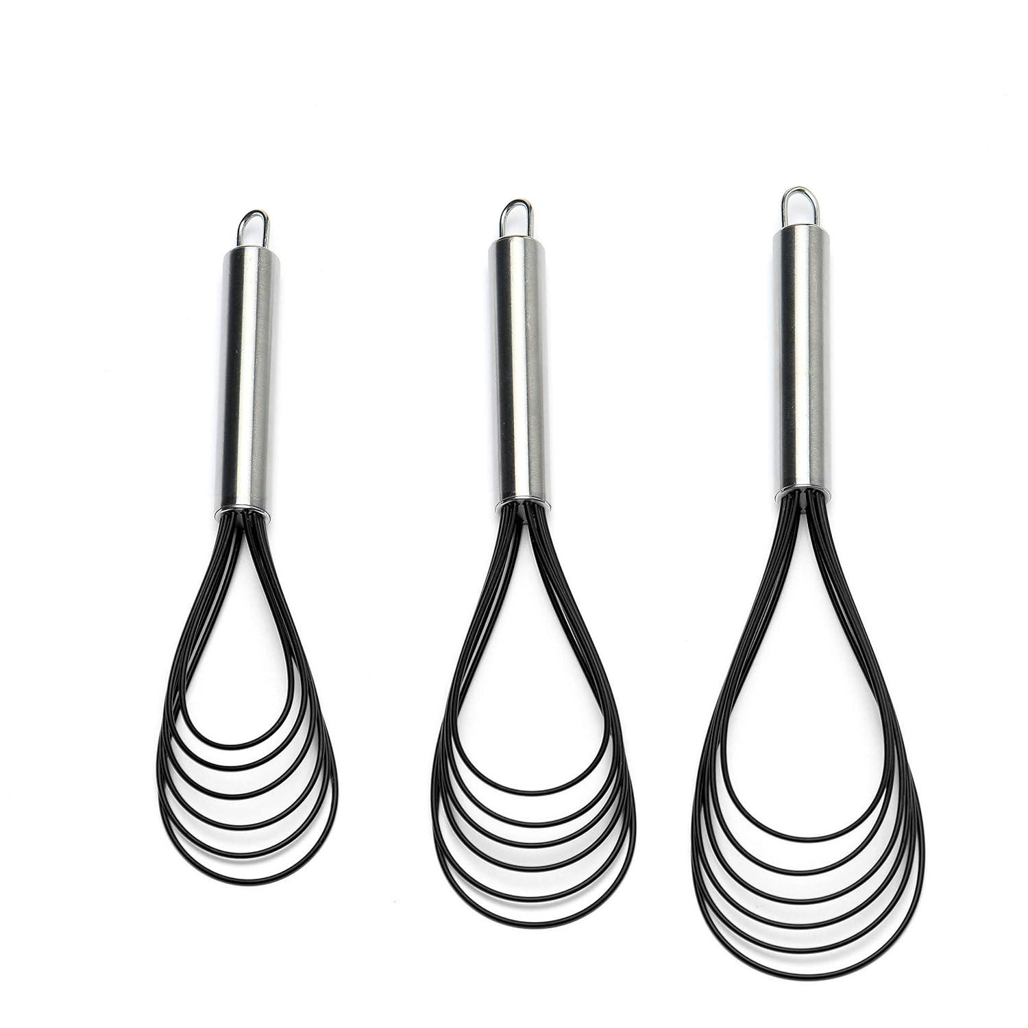 Flat Whisks Stainless Steel,3 Pack 10''+11''+12'' Set Premium Sturdy-6 Silicone Heads Non Stick Wires Whisk for Blending Beating Stirring Kitchen Cooking Color Grey