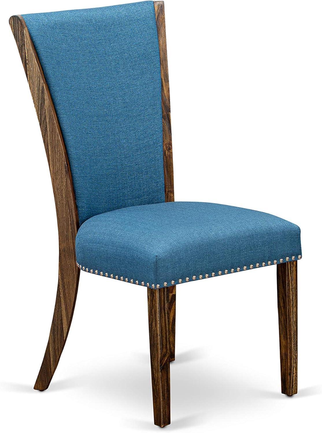 Verona Distressed Jacobean Wood Frame Dining Chair with Blue Linen Fabric Seat with Nail Head & Stylish Back - Set of 2