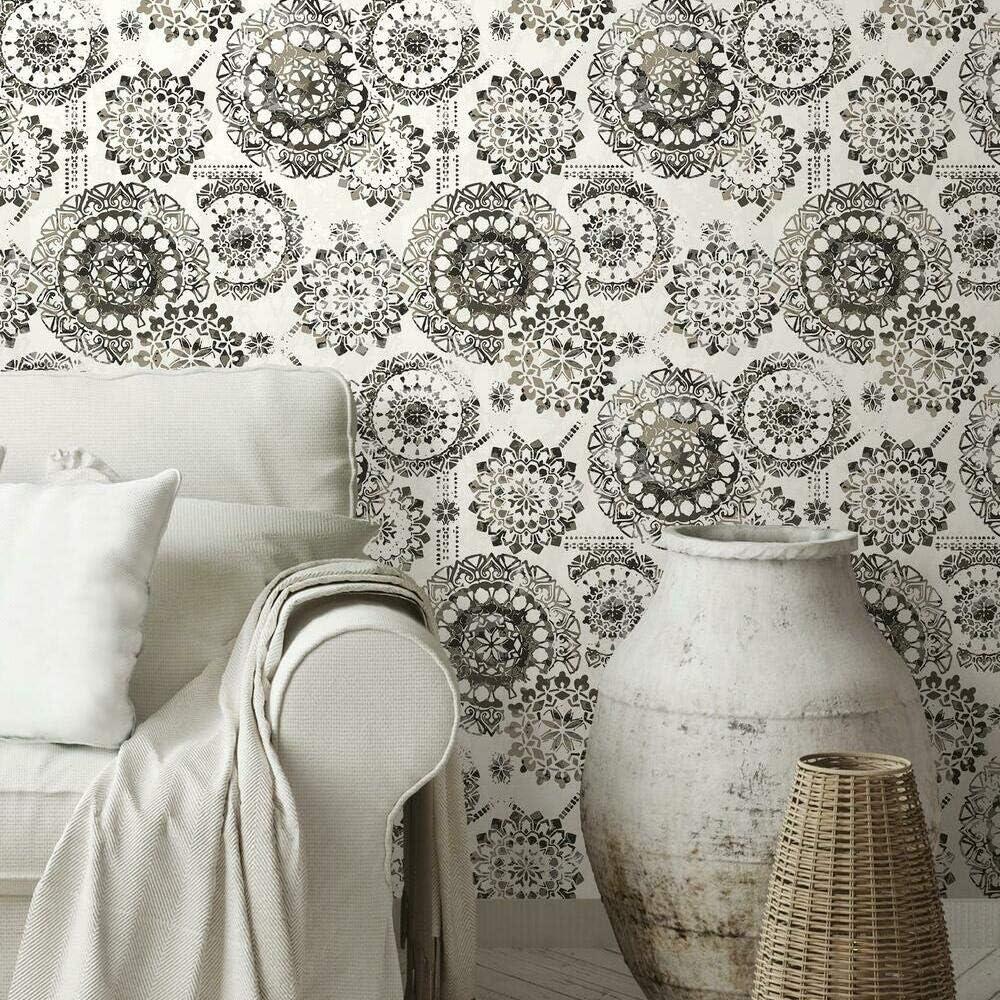 Black and White Bohemian Medallion Peel and Stick Wallpaper